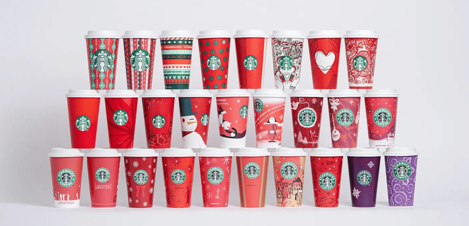 Starbucks Christmas cups showing how a simple idea can create holiday engagement.