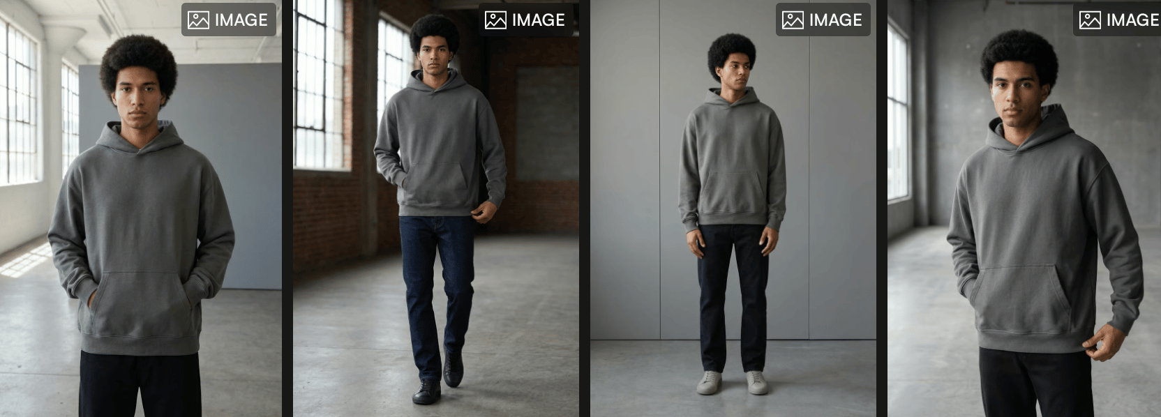 Multiple lifestyle scenes created from one product image by outfit.