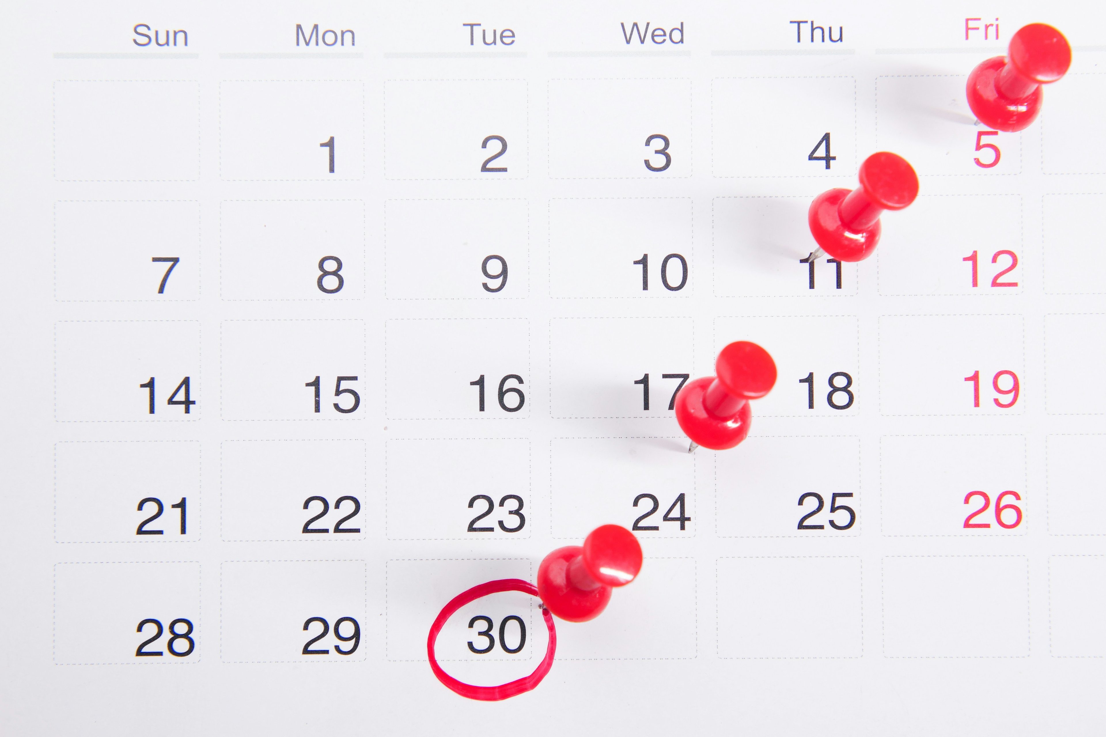 Marked calendar showing important dates