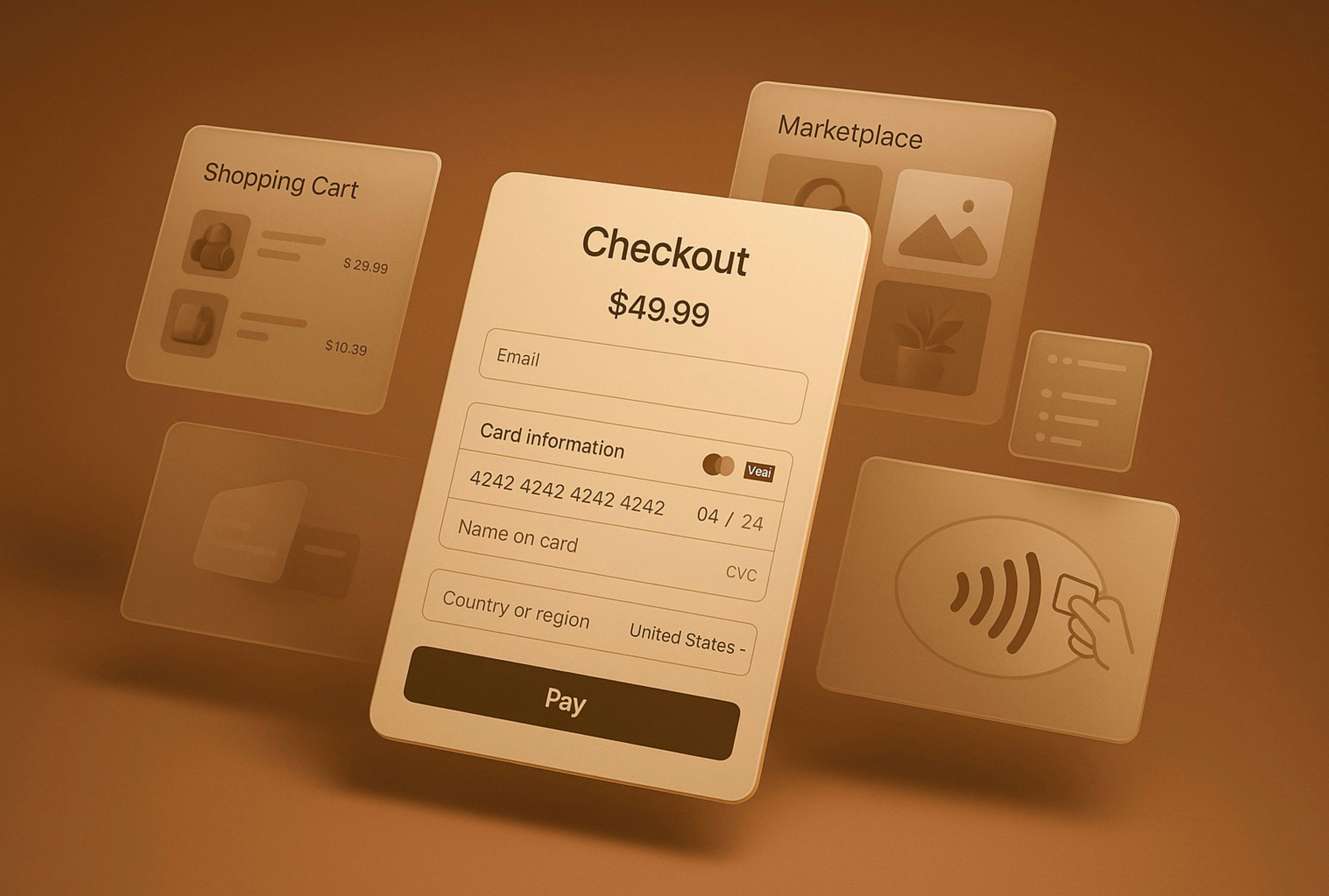 Ecommerce checkout screen with cart and payment information.