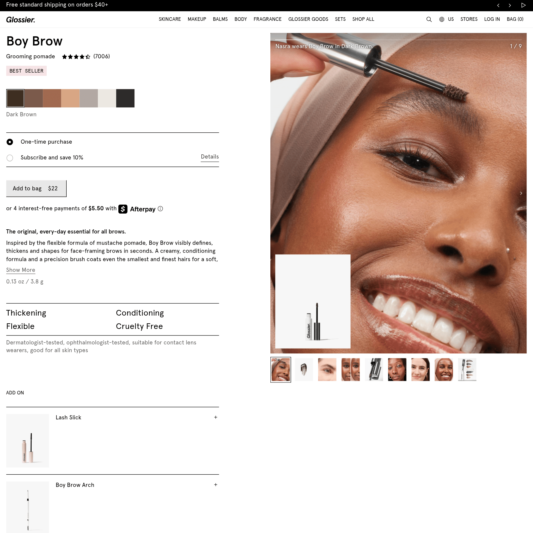 Glossier Boy Brow product page, mostly close-up face shots with one small product image and a thumbnail row of more faces