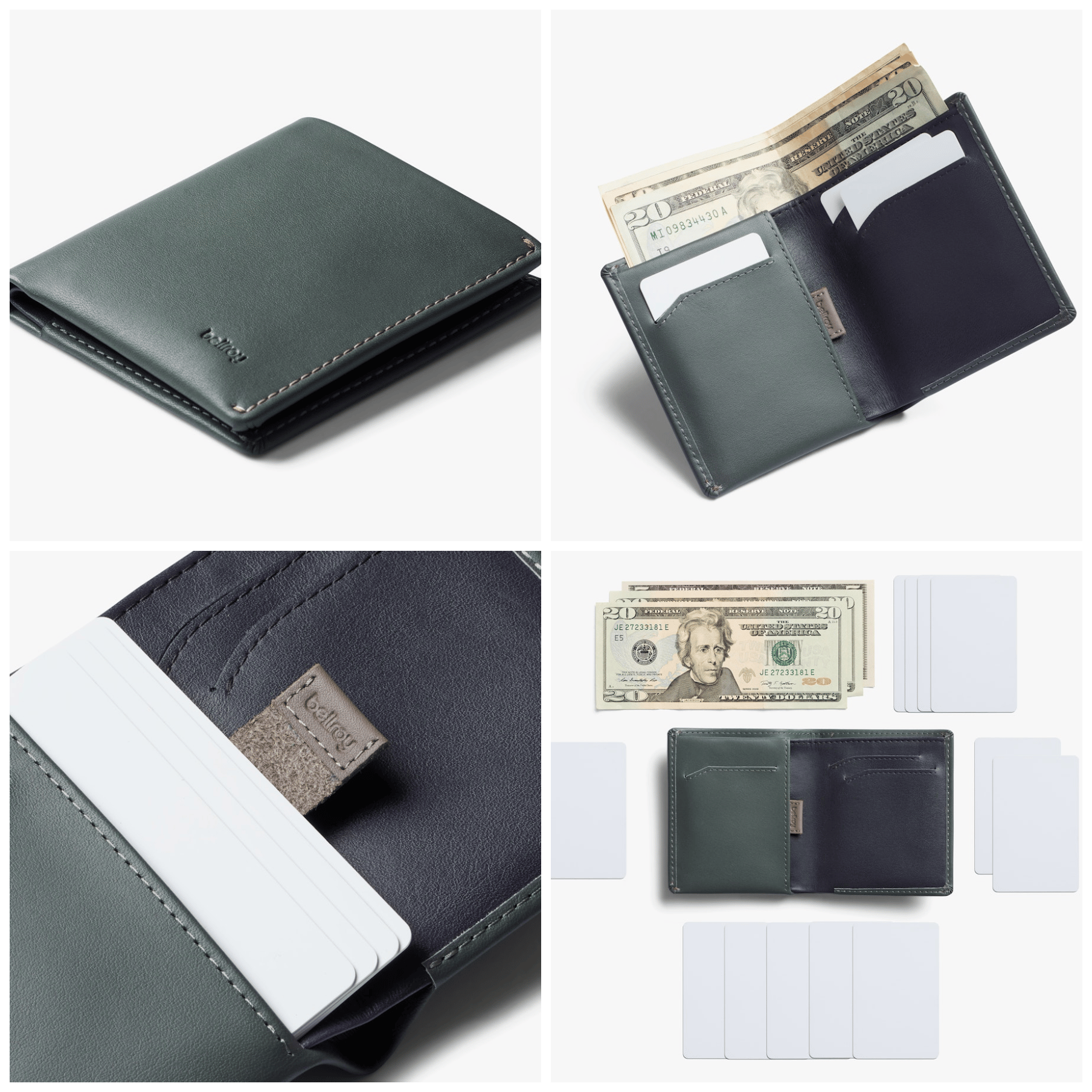 Four images from Bellroy's Note Sleeve gallery: the closed wallet, opened with cards and cash, a slim card pull, and the full capacity laid out