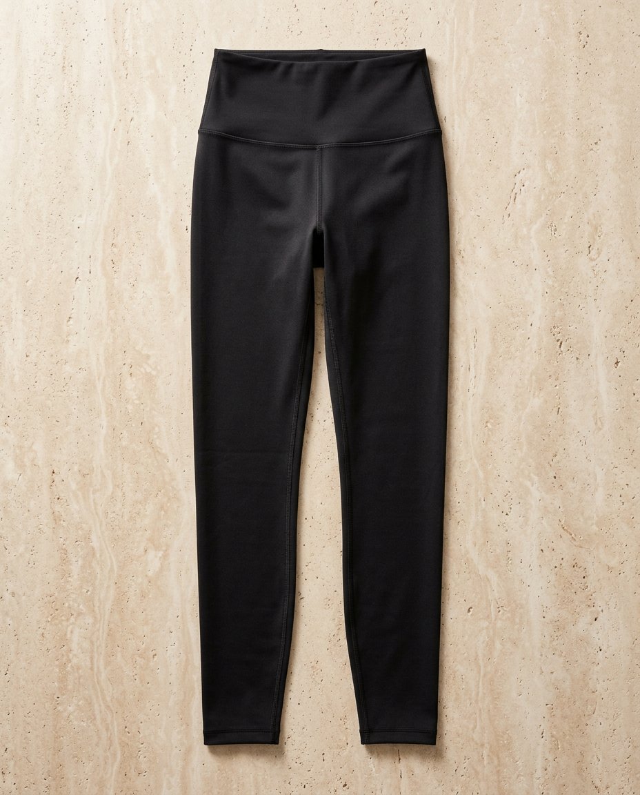 Black high-waisted compression leggings, flat lay on stone