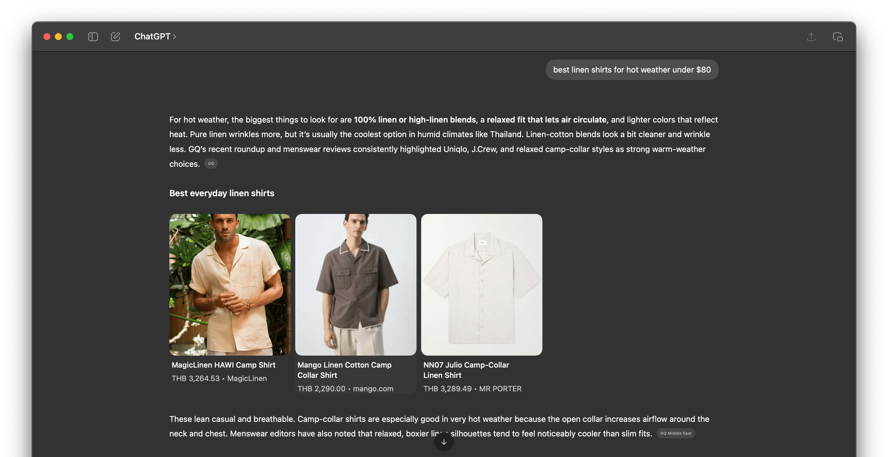 ChatGPT answering "best linen shirts for hot weather under $80" with a ranked shortlist of products, each with a photo, price, and merchant