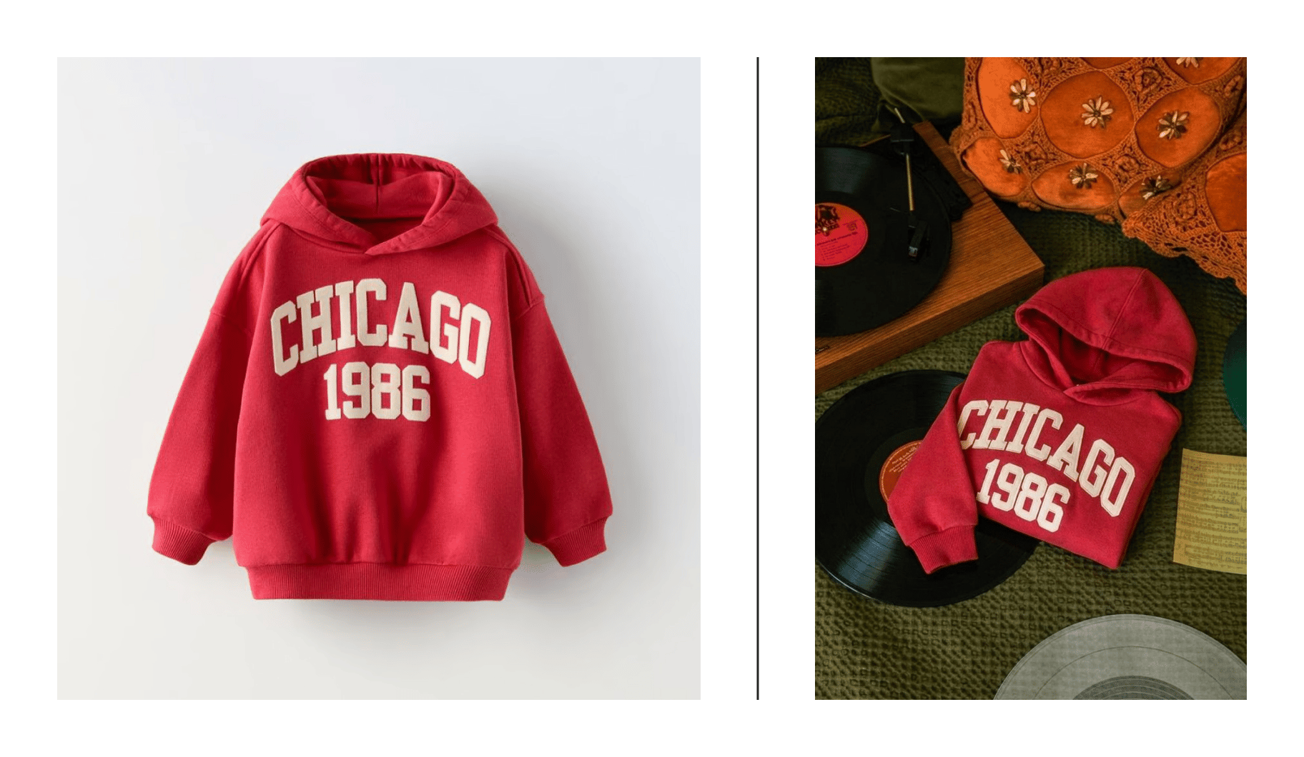 A real product photo of a red hoodie on a plain background next to an AI-generated lifestyle shot of the same hoodie