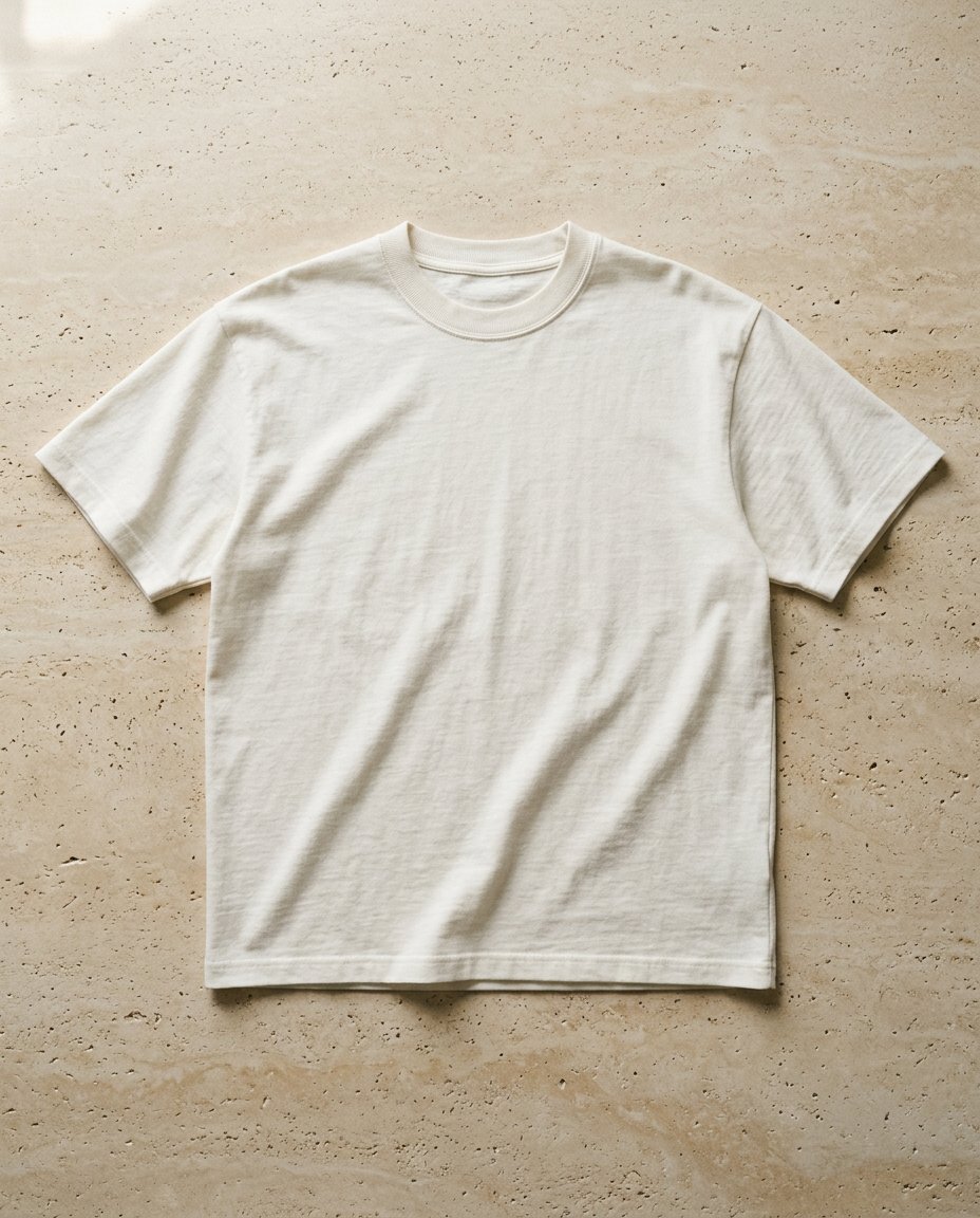 Heavyweight bone-white boxy cotton t-shirt, flat lay on stone