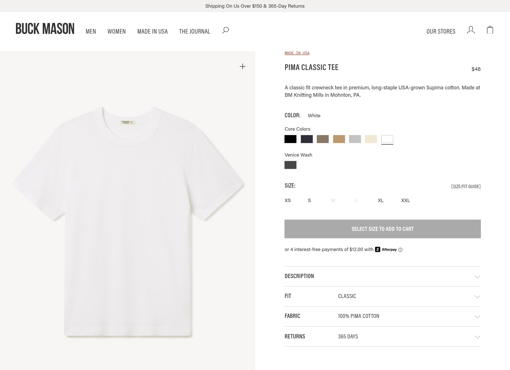 Buck Mason Pima Classic Tee product page showing a clean flat-lay hero of the white tee with color, fit, and fabric details
