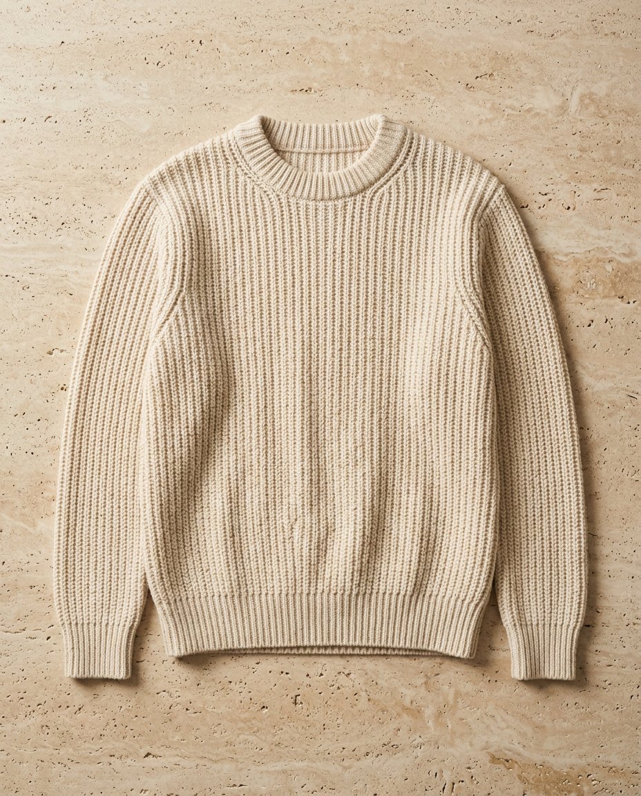 Chunky cream ribbed knit sweater, flat lay on stone
