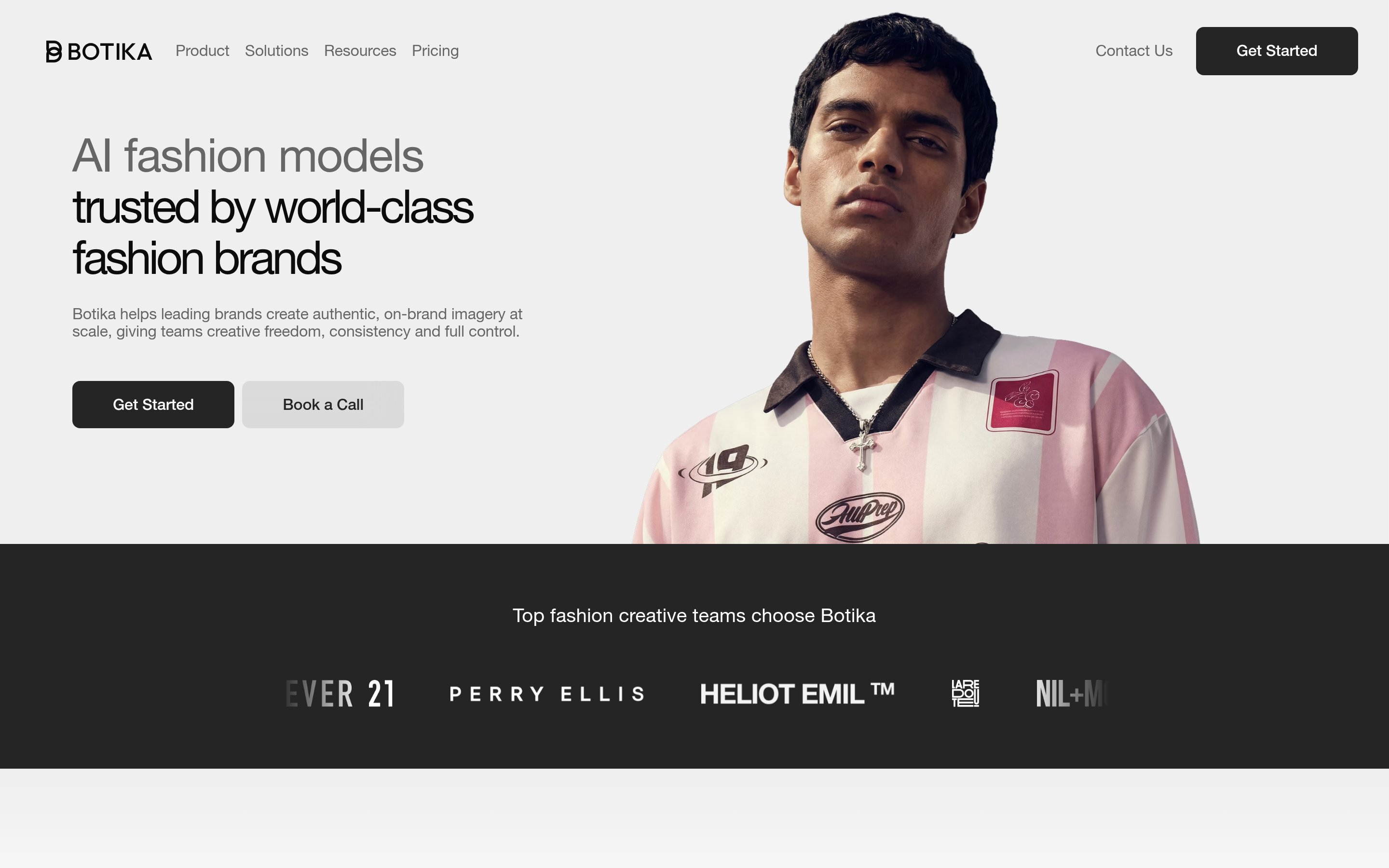 Botika homepage showing AI fashion model generation from flat-lay photos