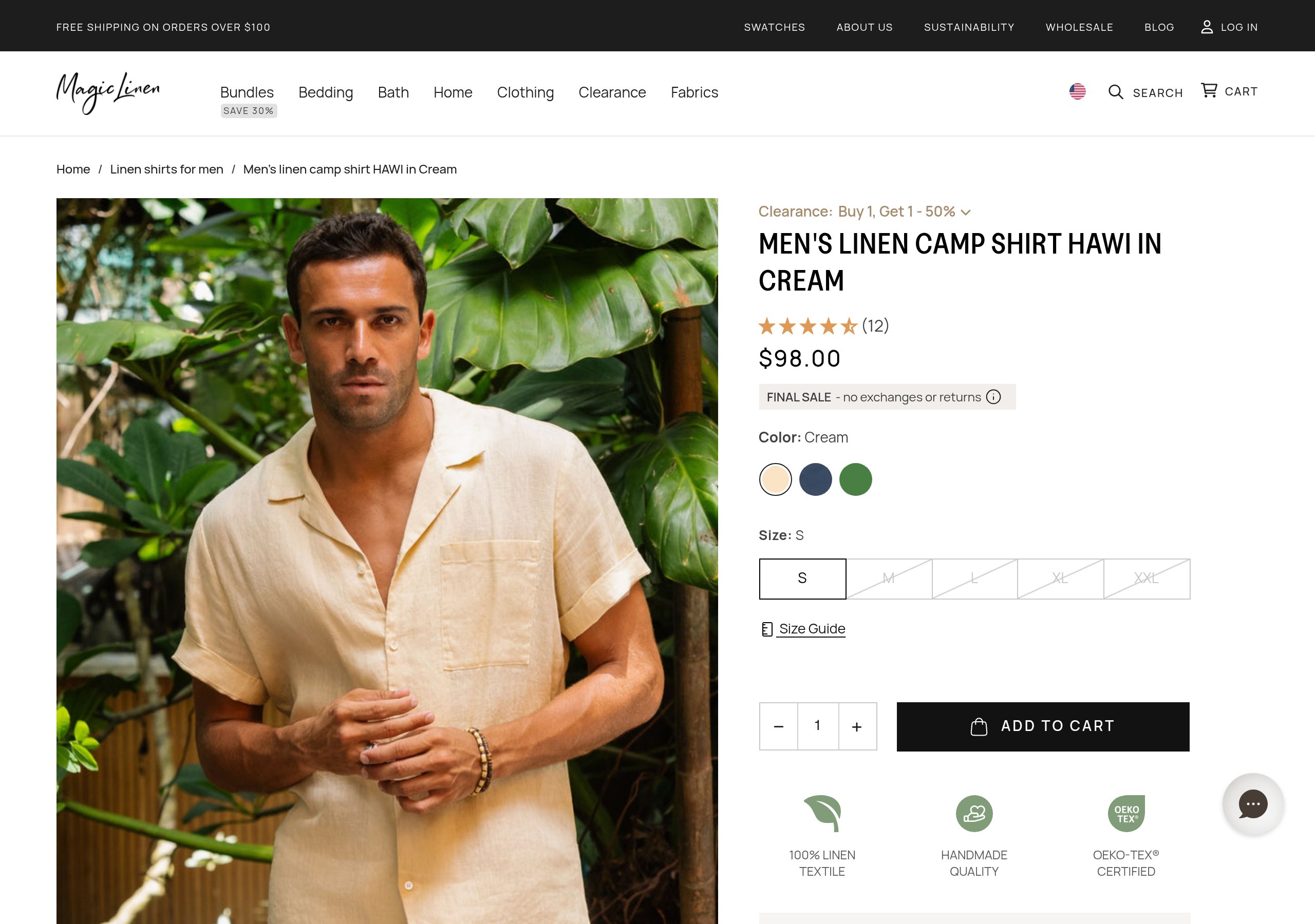 The MagicLinen product page the pick links to, the same cream camp shirt at $98 with ratings and add-to-cart