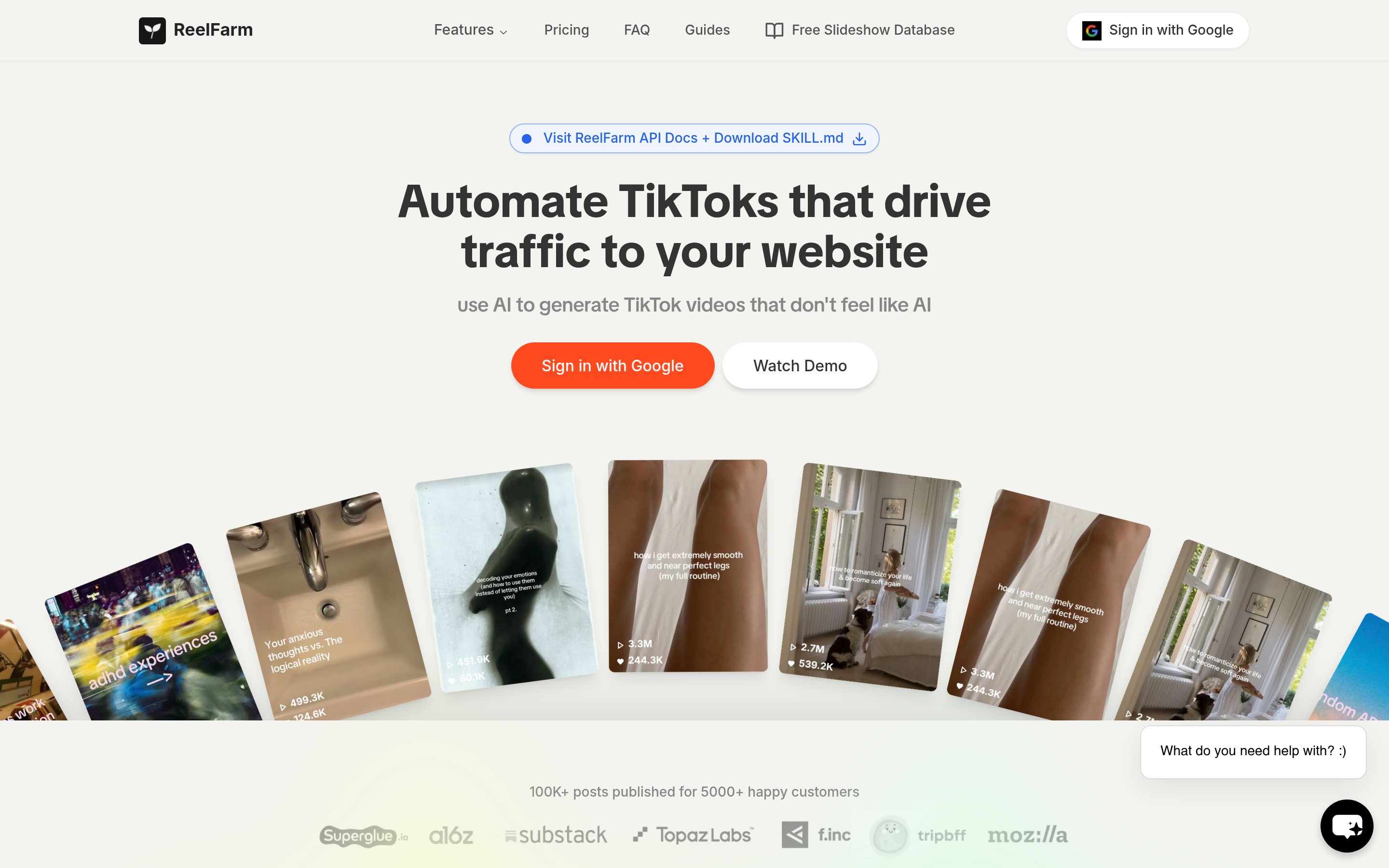 Reel.farm homepage showing example TikTok slideshow output cards