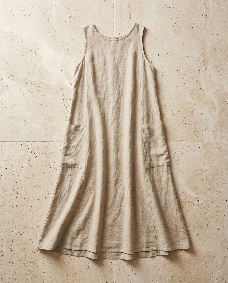 Stonewashed sand linen midi dress with side pockets, flat lay on stone