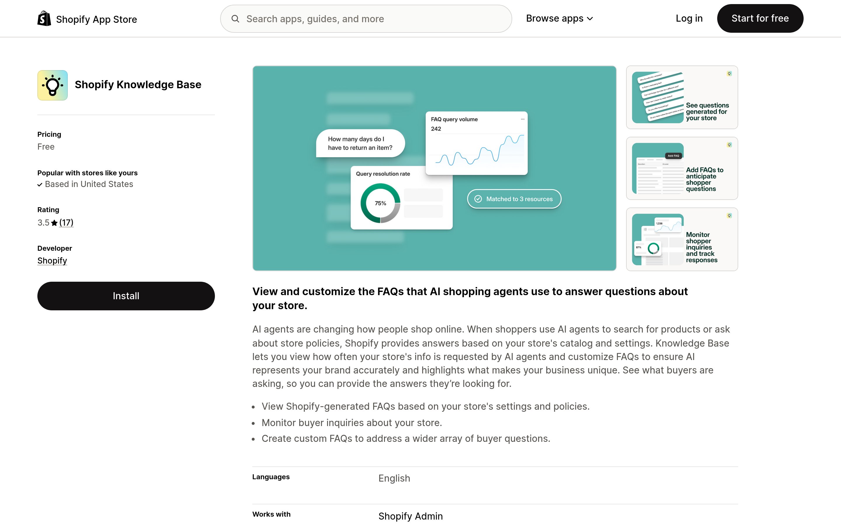Shopify Knowledge Base app listing on the Shopify App Store