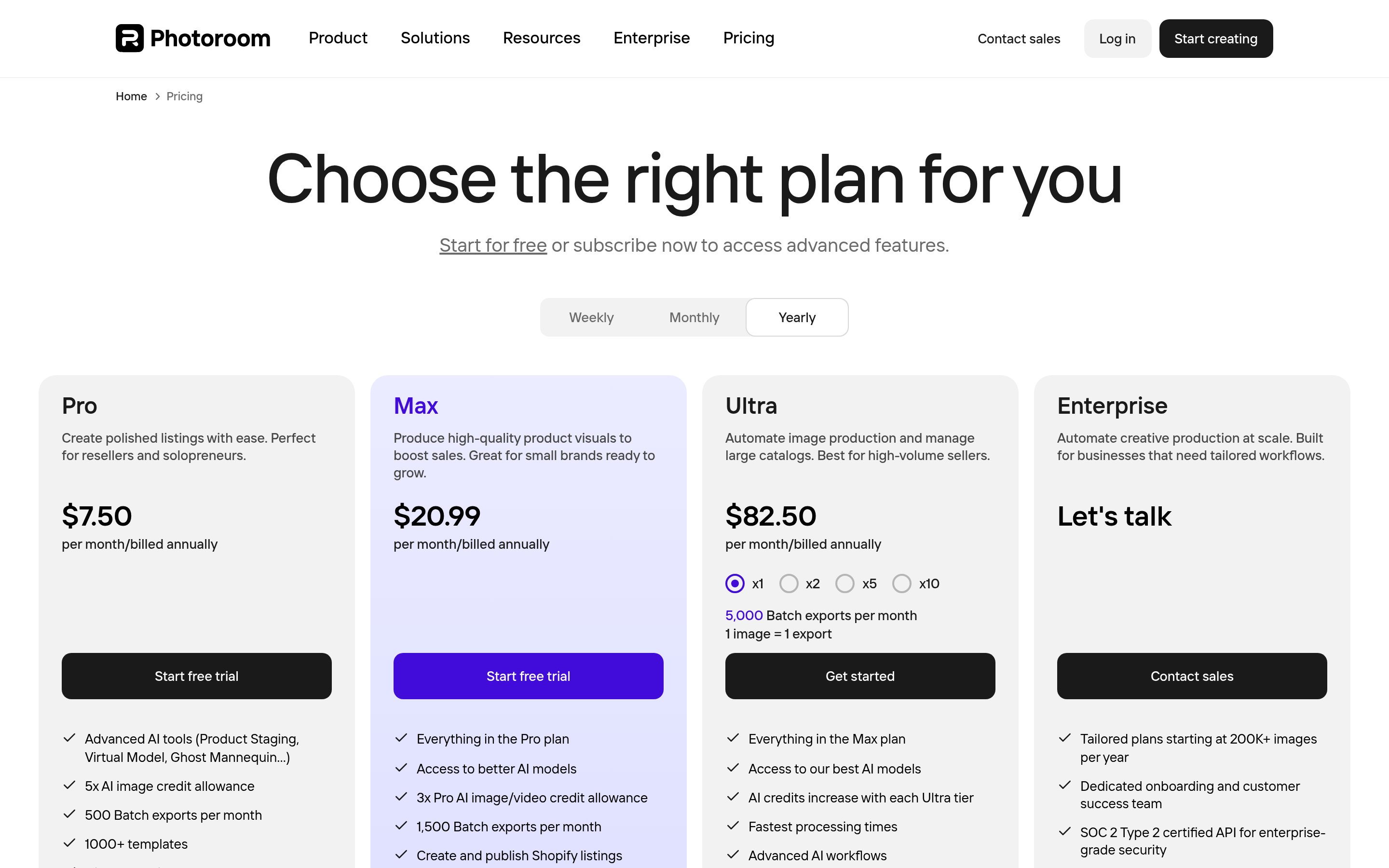 Photoroom Pro pricing page