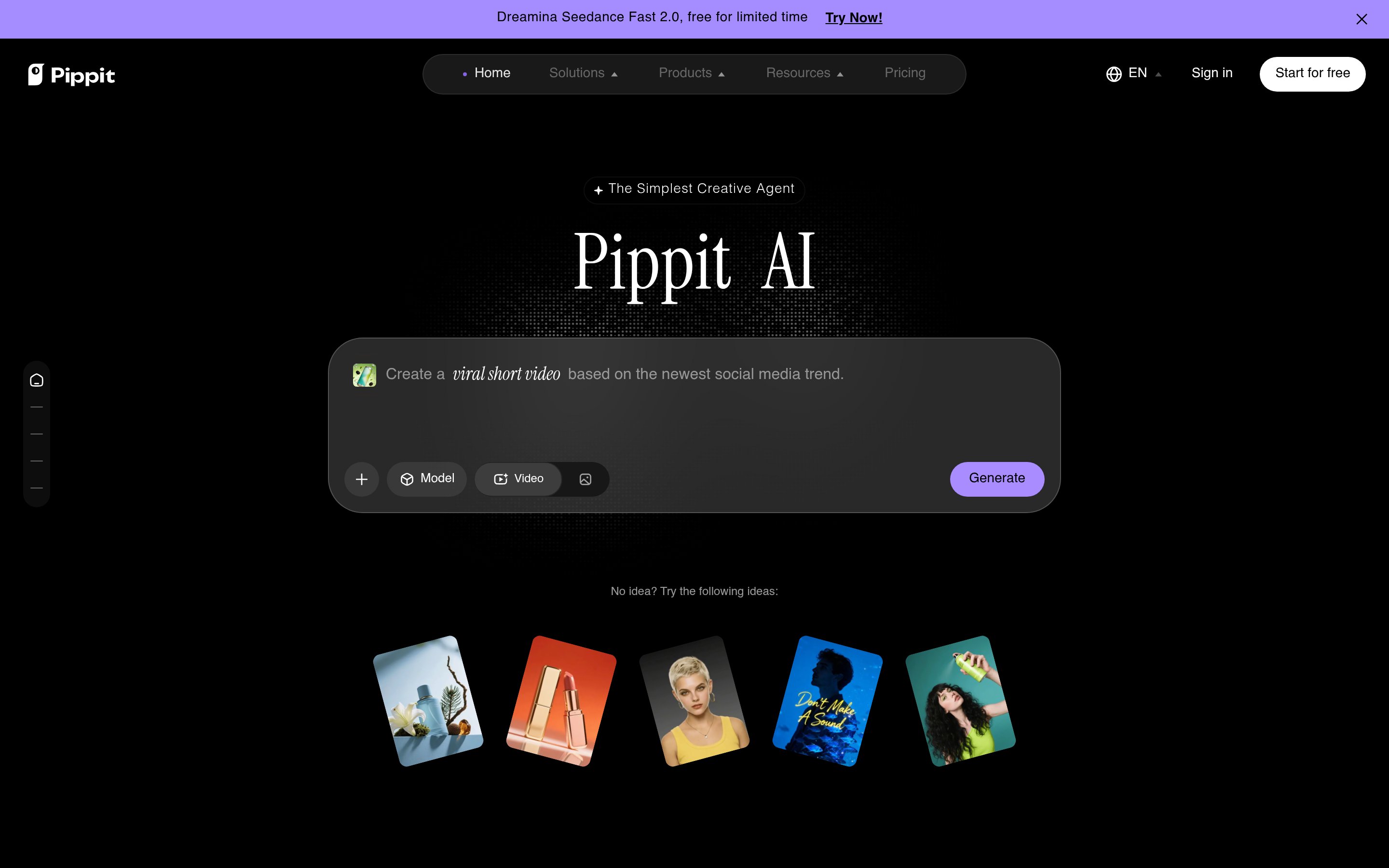 Pippit homepage showing product URL to ad video flow