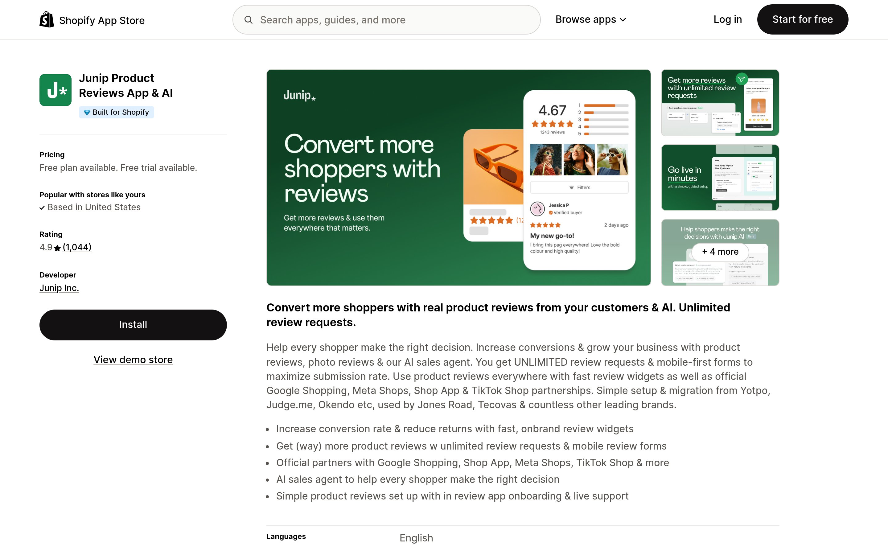 Junip app listing on the Shopify App Store