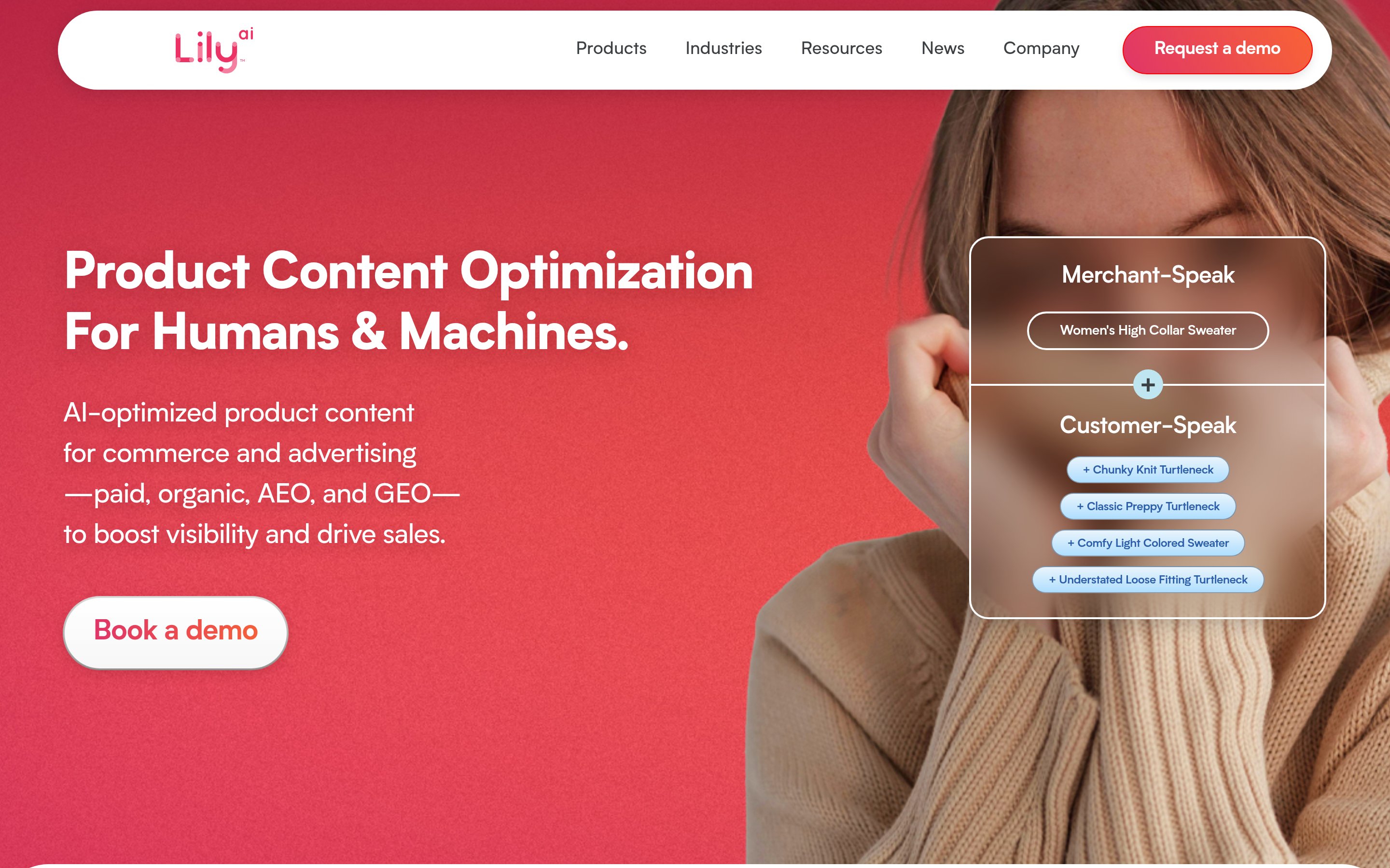 Lily AI homepage showing the product-attribute enrichment pitch