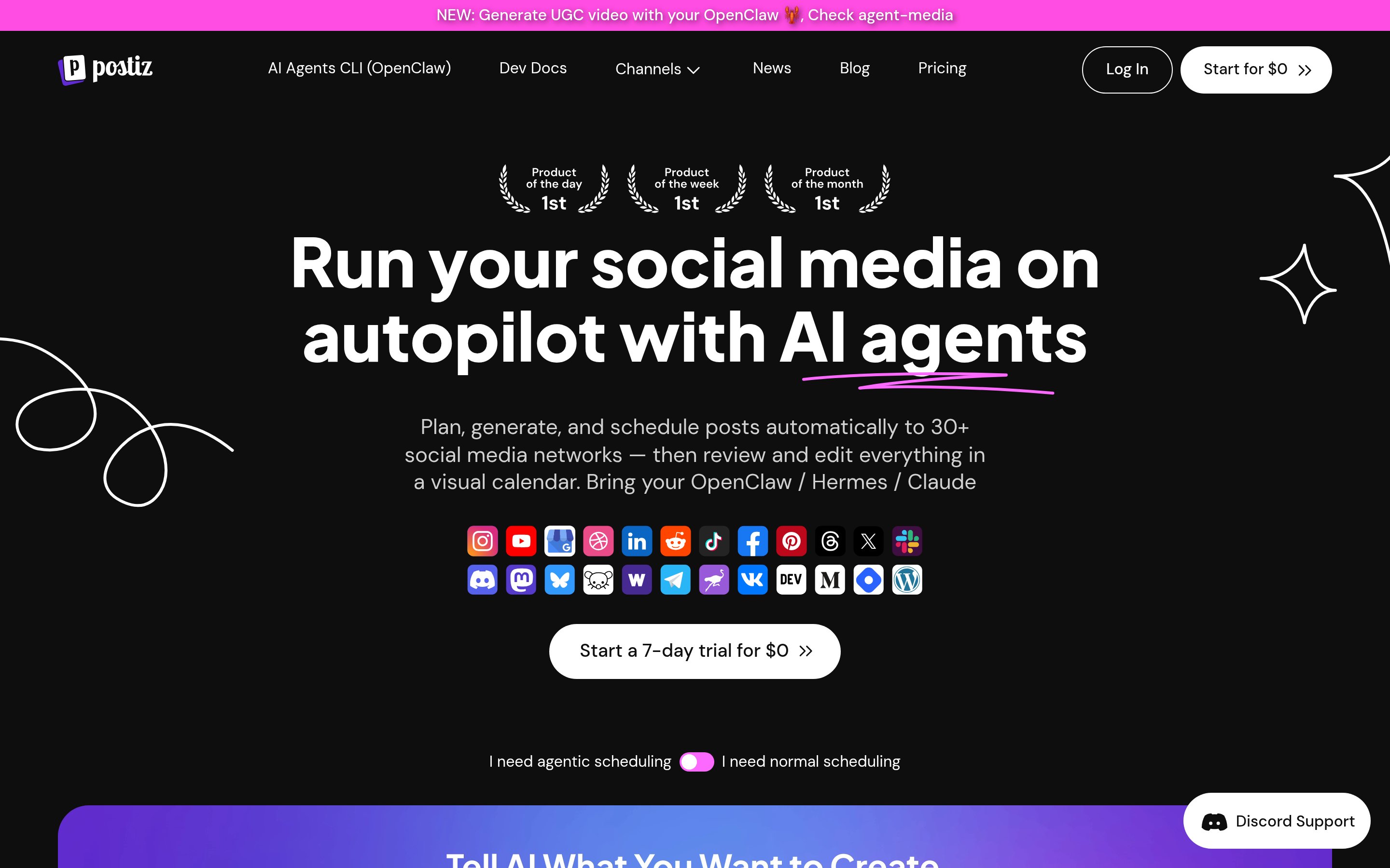 Postiz homepage showing the AI-agent social scheduling pitch