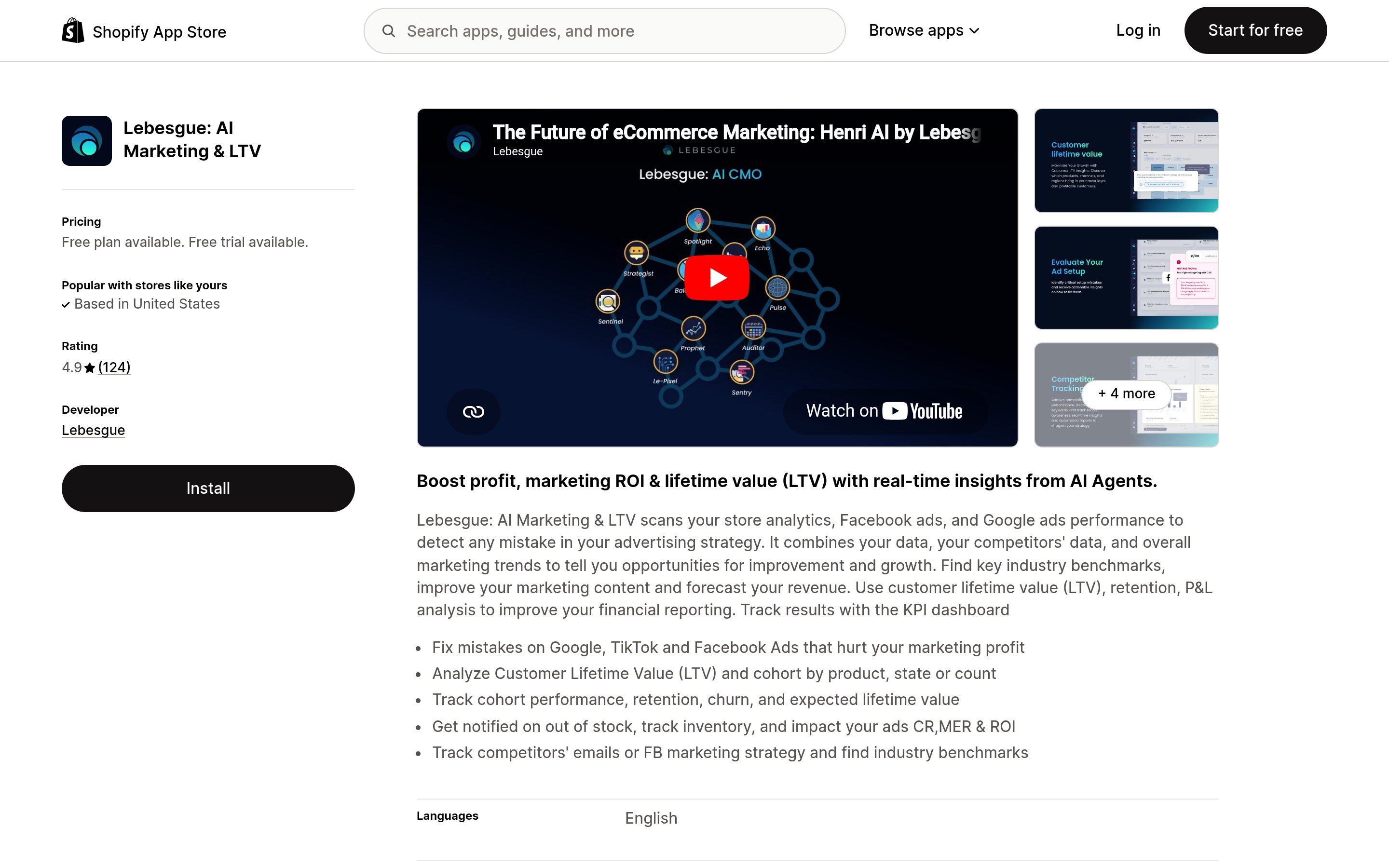 Lebesgue AI CMO listing on the Shopify App Store