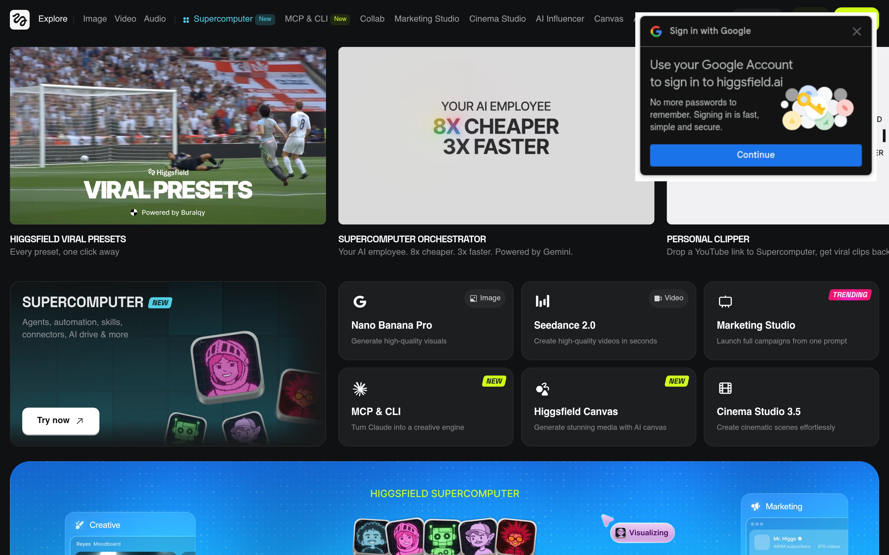 Higgsfield homepage