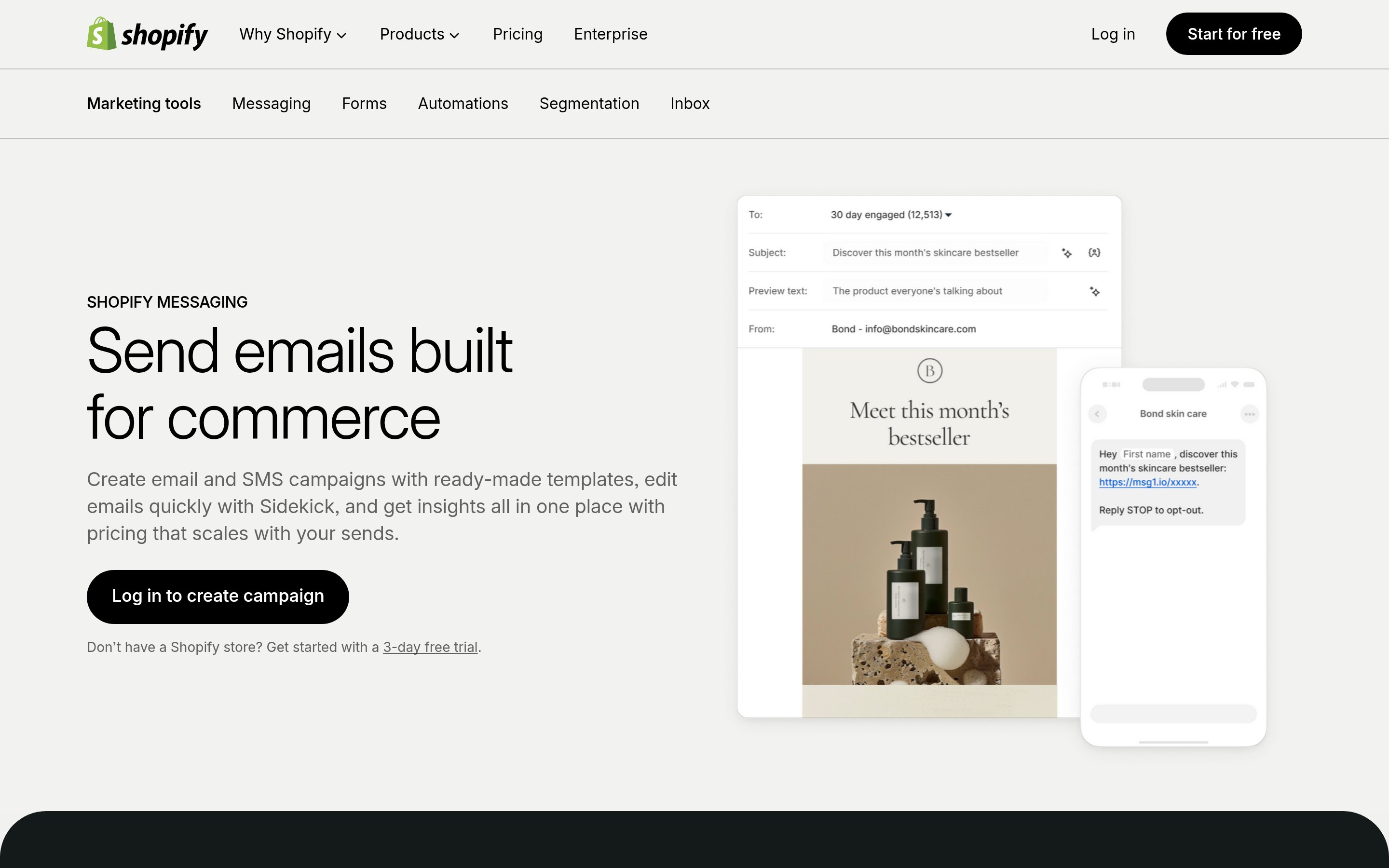 Shopify Email marketing page