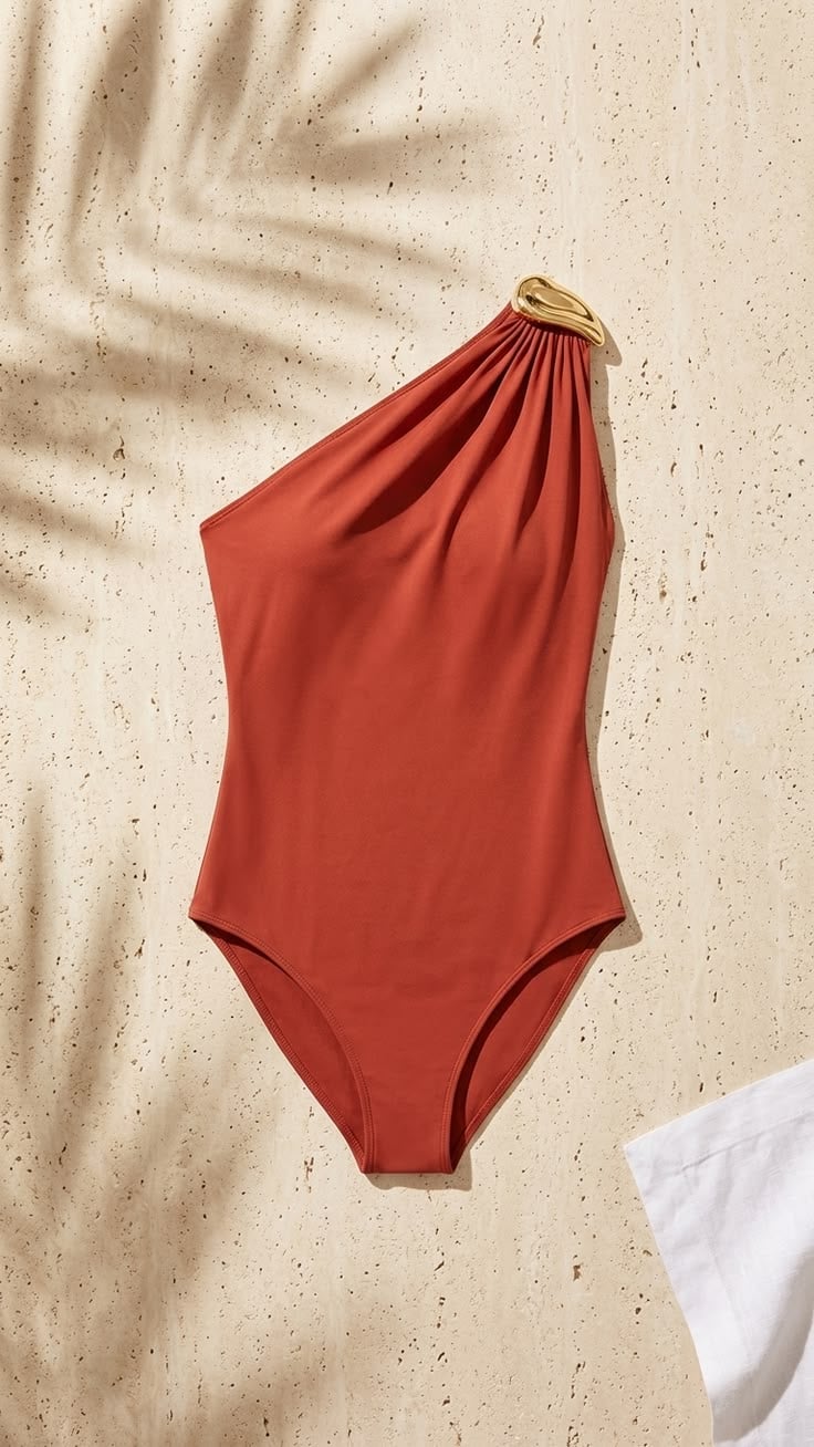 Terracotta swimsuit flat lay on travertine with palm-frond shadow