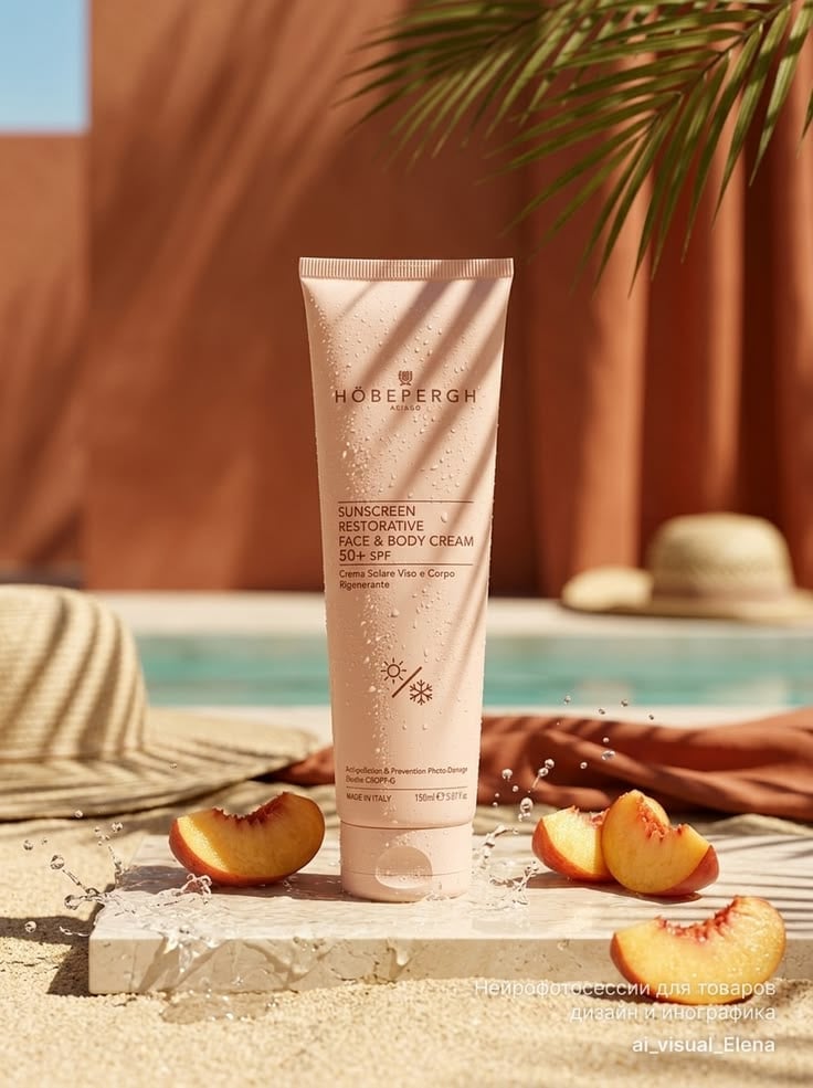 Pink sunscreen tube on stone with peach slices and turquoise pool