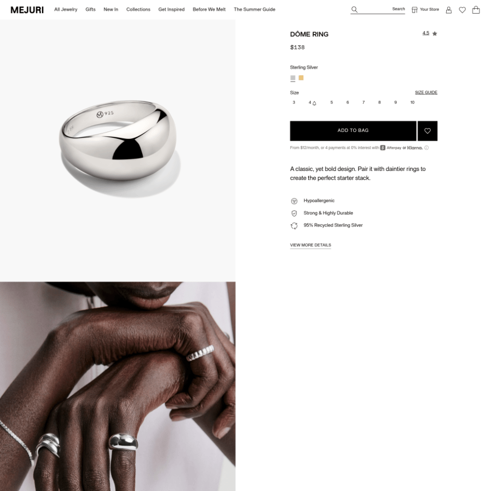 Mejuri Dôme Ring product page with a clean studio hero of the ring followed by two on-hand lifestyle shots and no separate product angle or material close-up