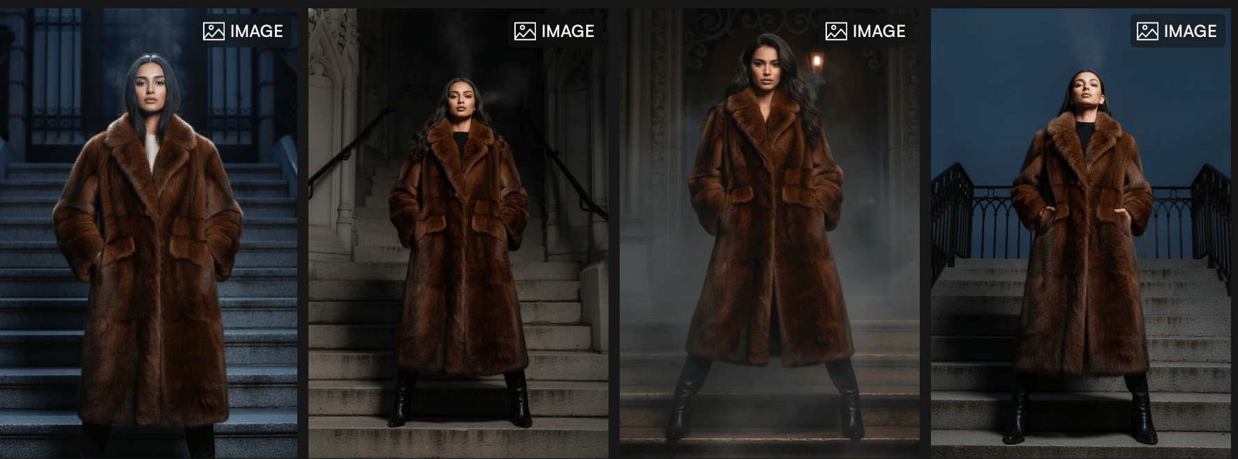 Outfit-generated visuals showing winter coat styling.