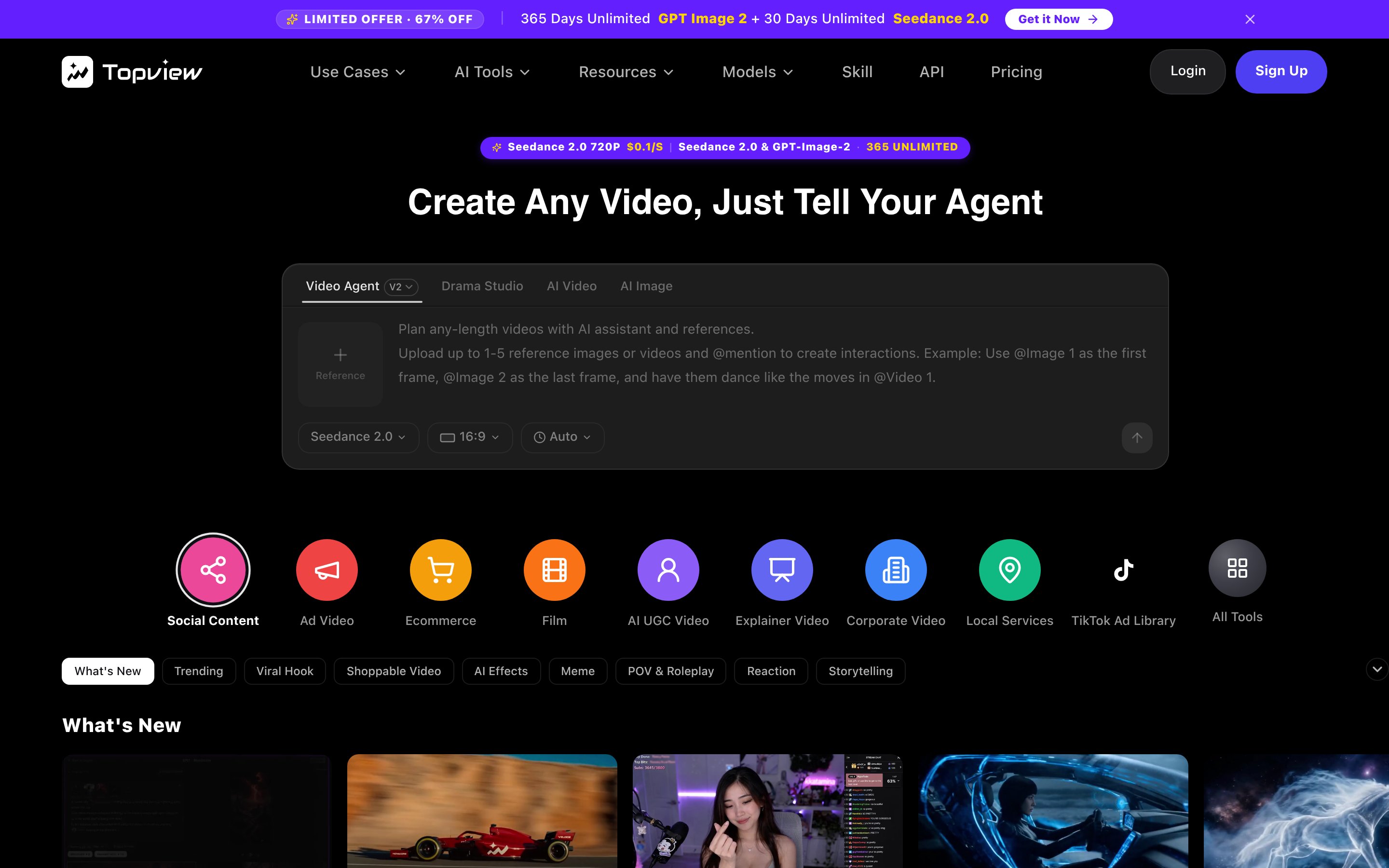 Topview homepage with the Create Any Video agent input