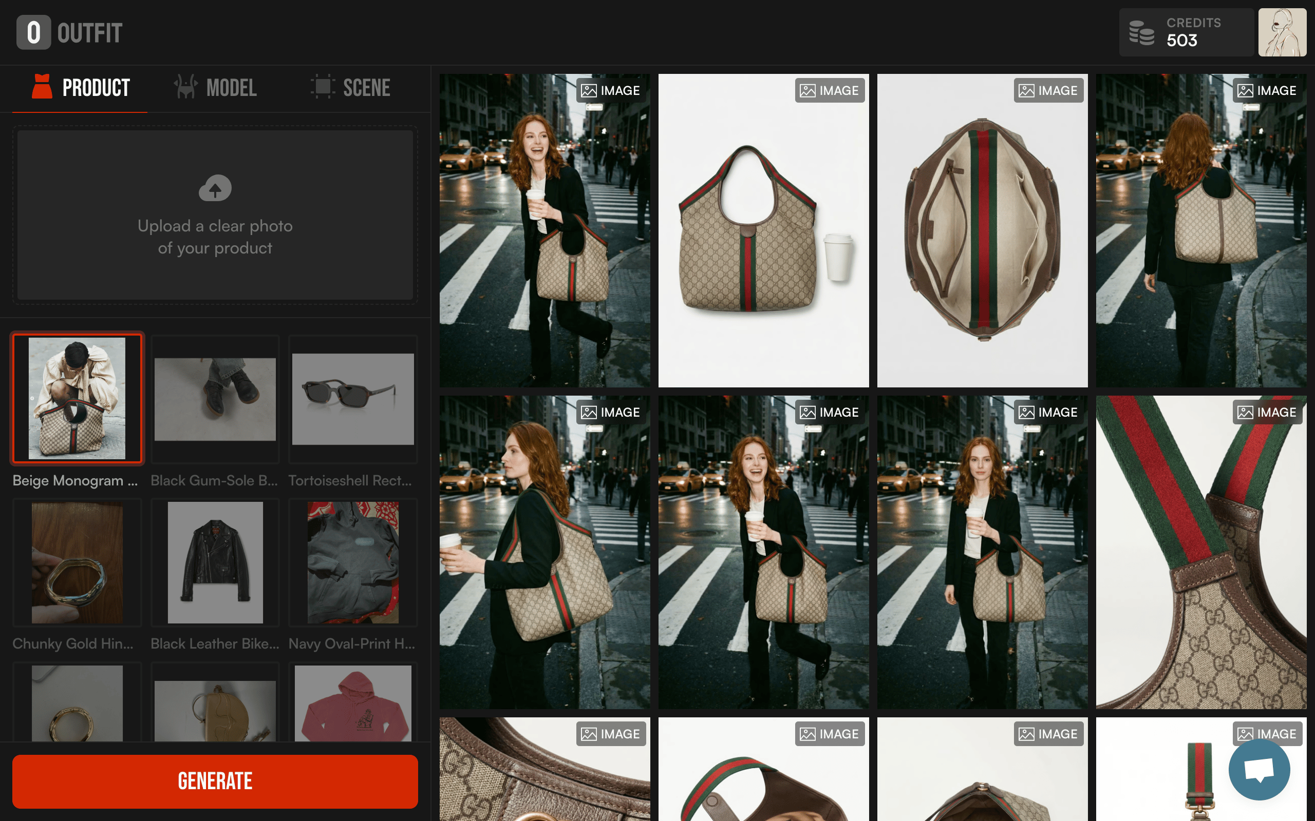 The Gucci Giglio handbag displayed in multiple views with Outfit.