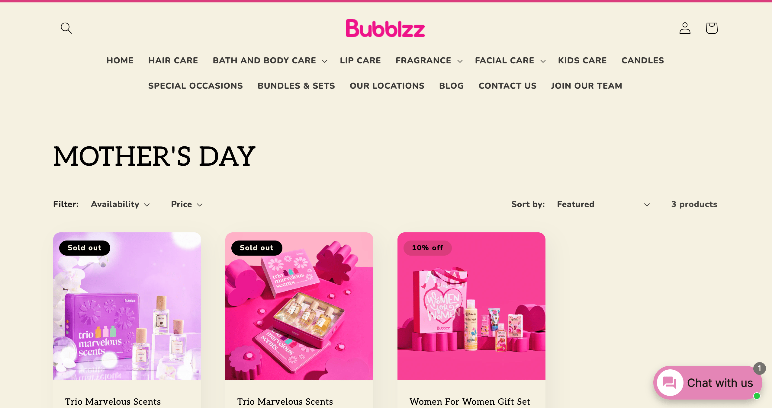 A homepage highlighting Mother’s Day gift products.