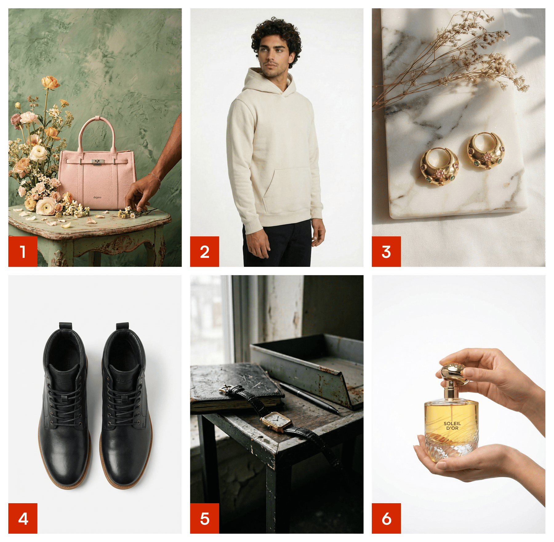 Six product photos numbered one through six: a pink leather bag on a green vintage table with flowers, a man in a cream hoodie, gold gemstone earrings on marble, black leather boots top-down, a gold watch on a weathered desk, and a perfume bottle held in two hands