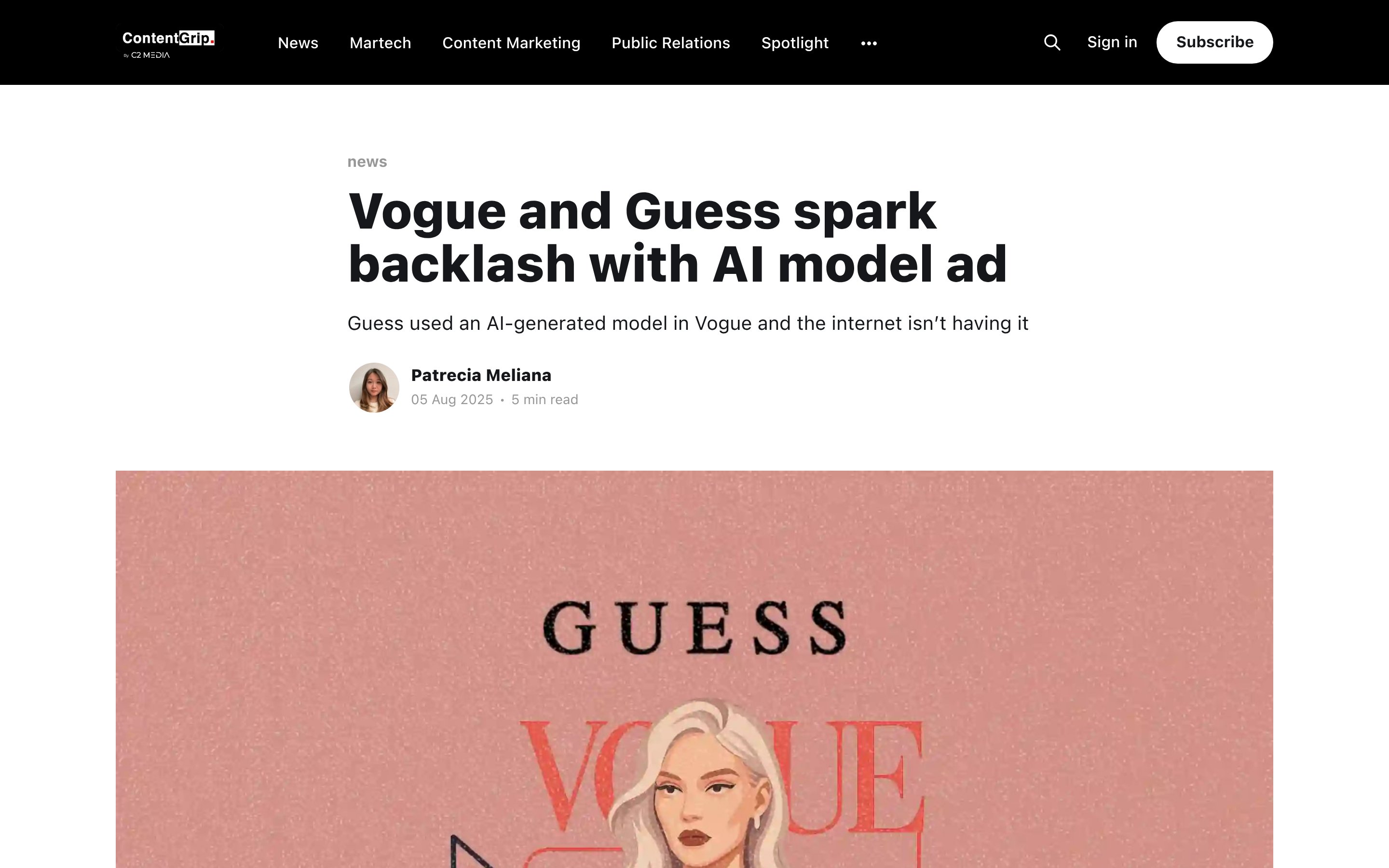 ContentGrip article titled "Guess ad with AI model in Vogue sparks backlash" showing the Vogue spread with the AI-generated model and the small disclosure label