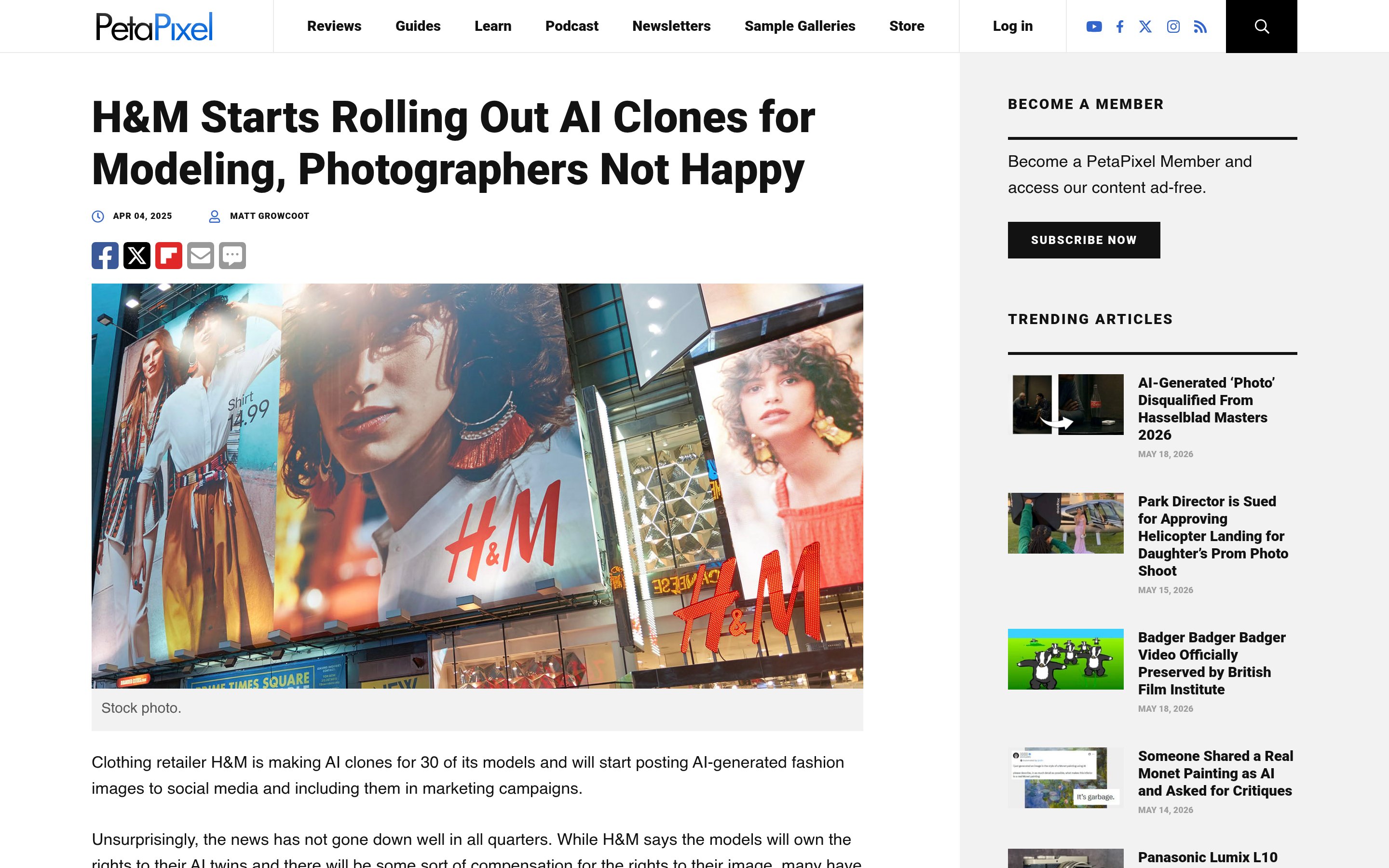 PetaPixel article titled "H&M Starts Rolling Out AI Clones for Modeling, Photographers Not Happy" with a side-by-side comparison of a real model and her AI digital twin