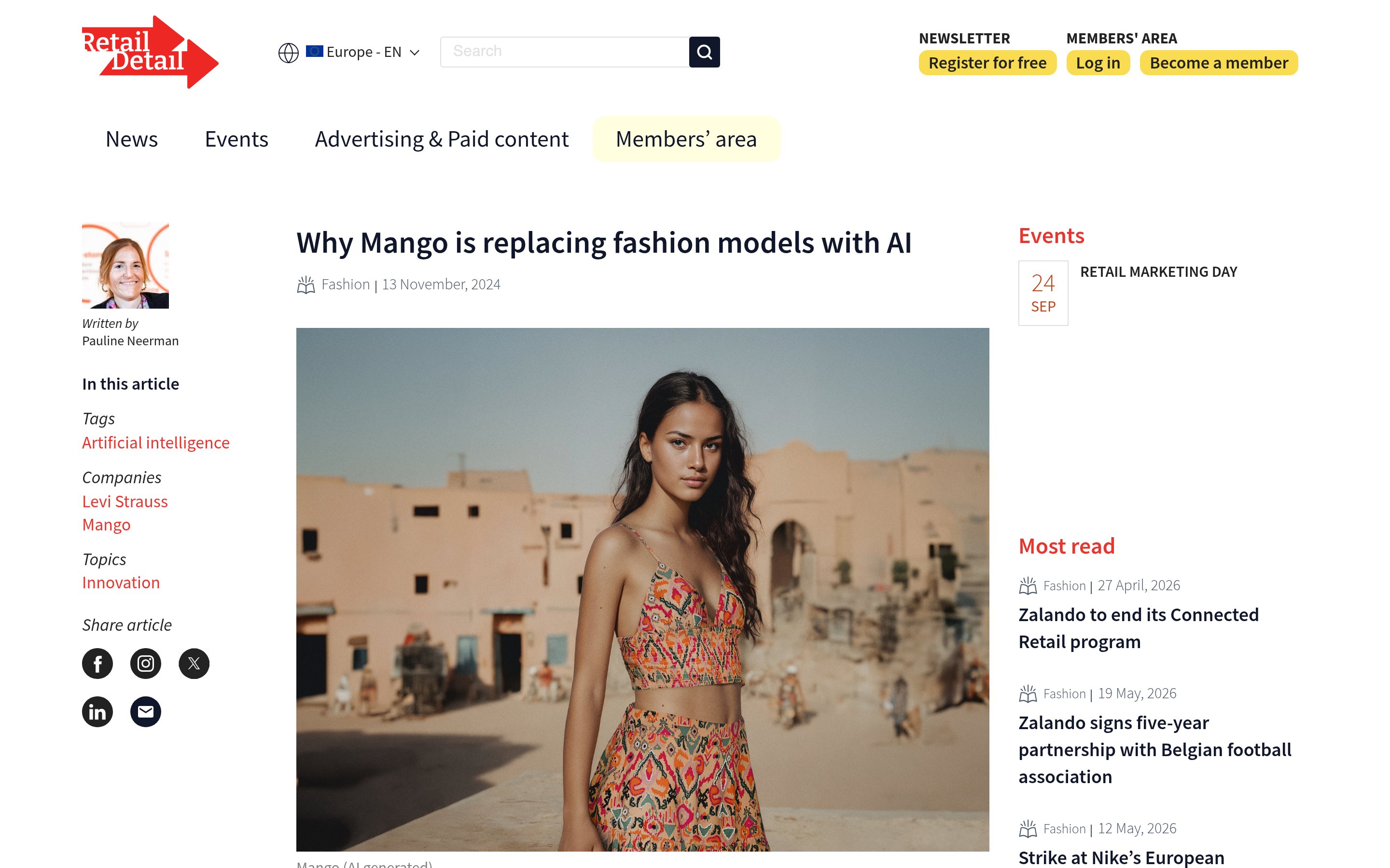 RetailDetail EU article covering Mango's AI fashion model rollout, with the headline "Why Mango is replacing fashion models with AI" and a campaign image showing AI-generated models