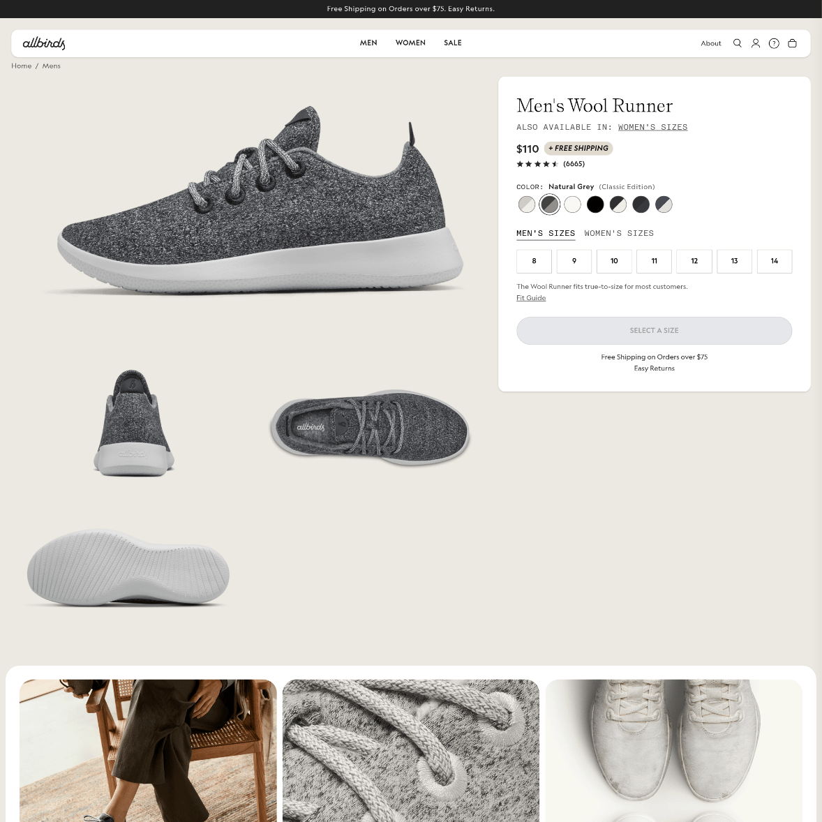 Allbirds Wool Runner product page showing a full gallery with side profile, heel, top-down, sole, a close-up of the wool knit, and a lifestyle shot of the shoes worn