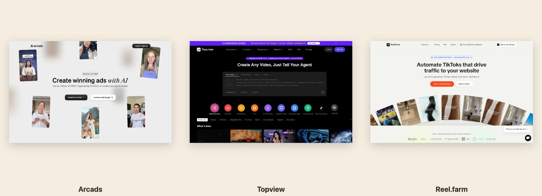 Arcads, Topview, and Reel.farm homepages side by side, representing the three categories of AI UGC tools