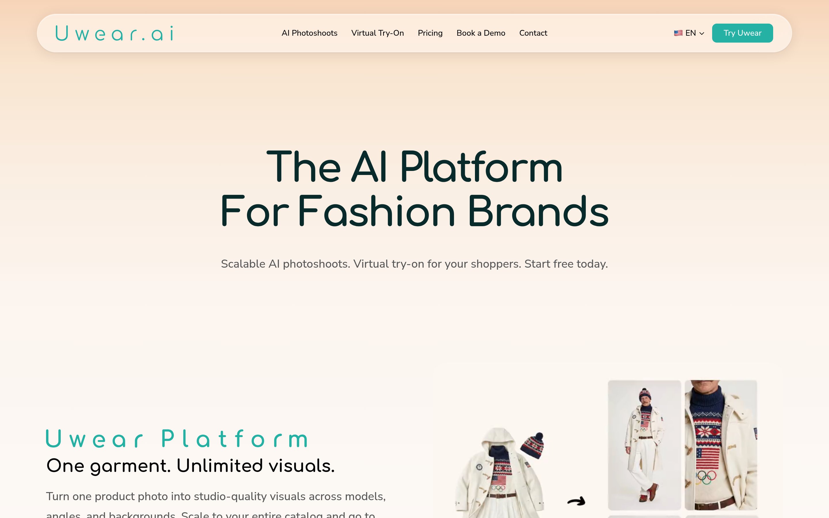 Uwear homepage showing batch flat-lay to on-model workflow