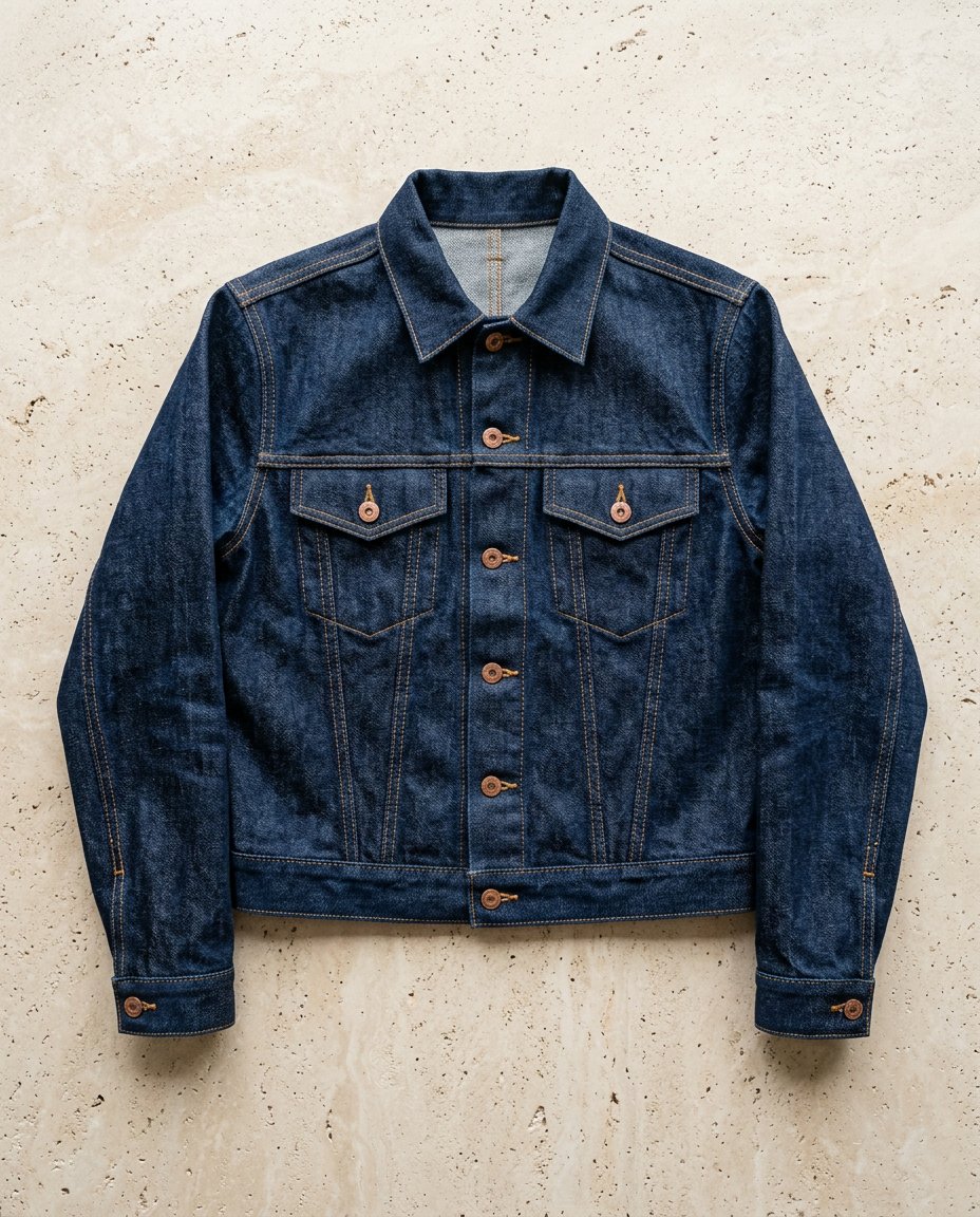 Rigid mid-indigo denim trucker jacket, flat lay on stone