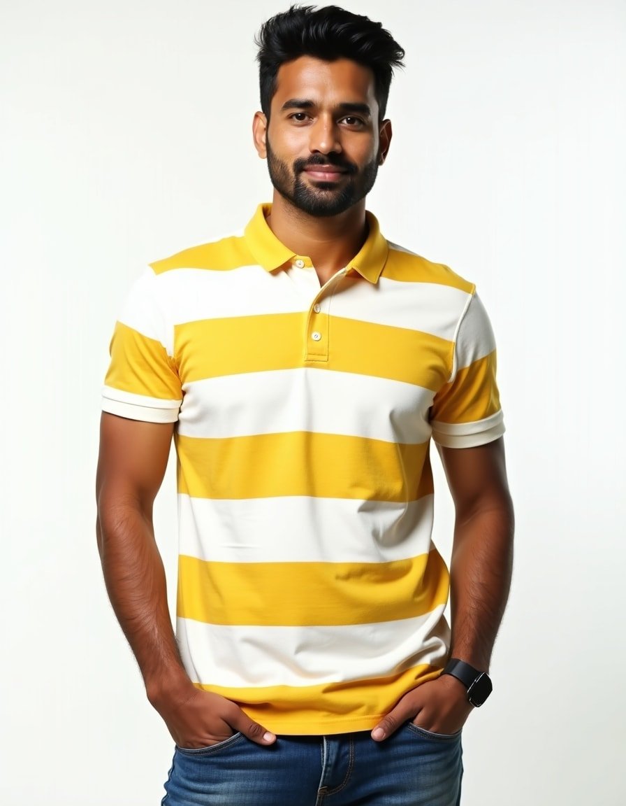 A model wearing a striped polo shirt with yellow and white horizontal pattern against a white background"