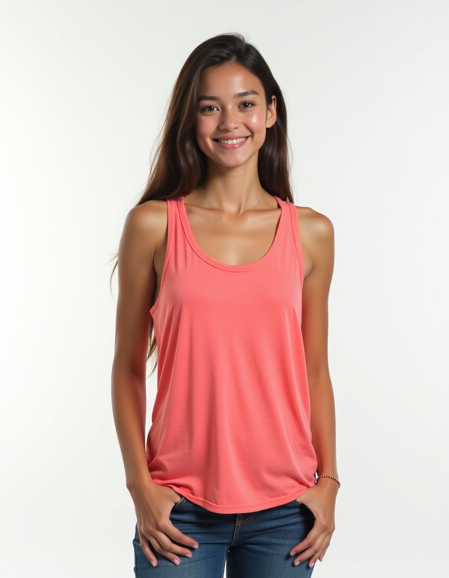 A model wearing a coral pink tank top paired with blue jeans, standing in a casual pose with a warm smile against a white background.