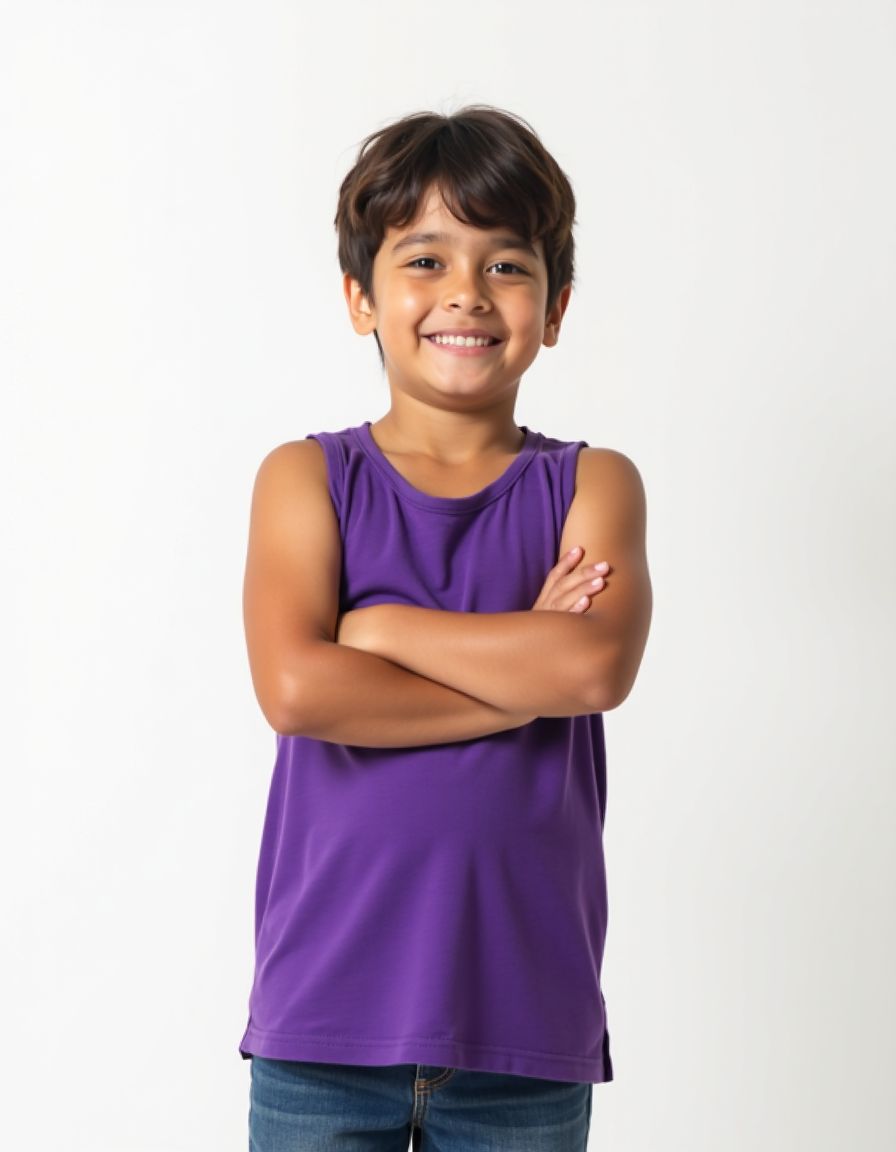 A model wearing a purple tank top paired with blue jeans, standing with arms crossed and a bright smile against a white background.