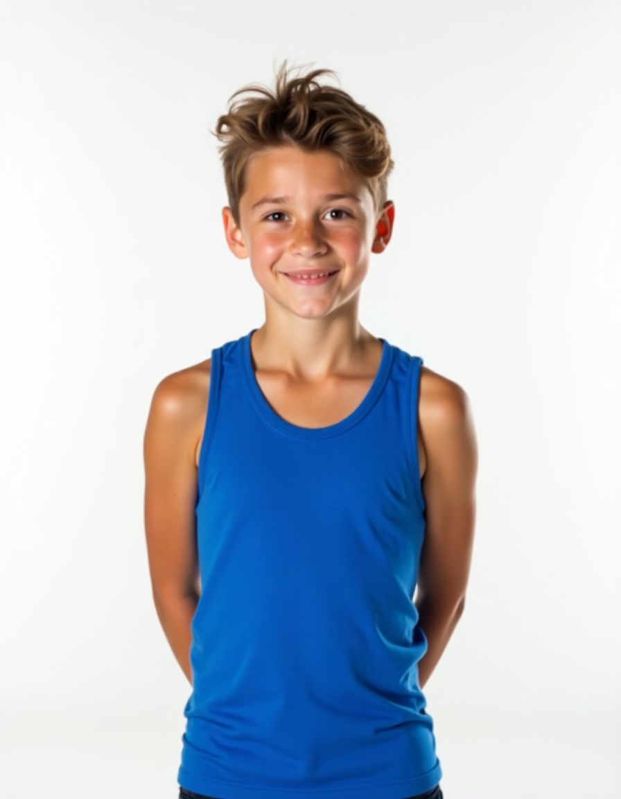 A model wearing a bright blue tank top paired with dark pants, standing in a casual pose with hands behind back and a warm smile against a white background.