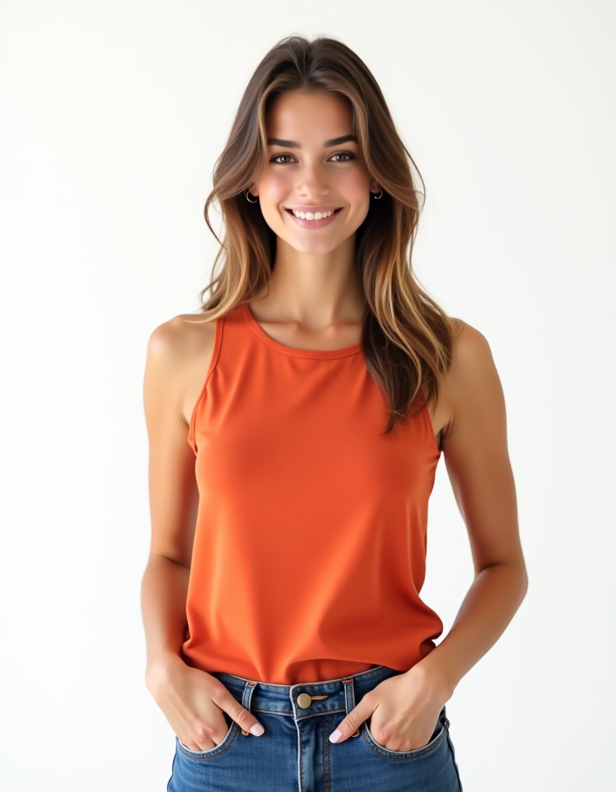 A model wearing a bright orange tank top paired with blue jeans, standing in a casual pose with hands in pockets against a white background with a warm smile.