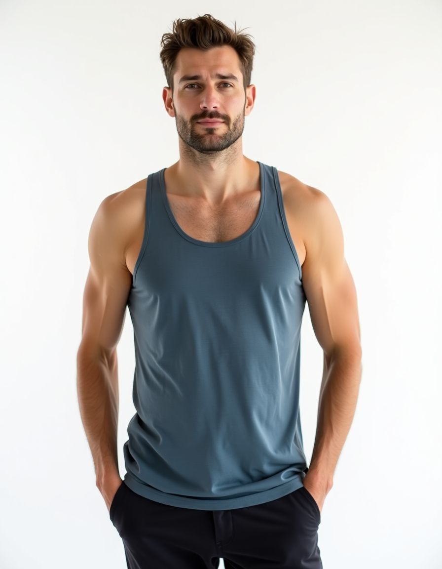A model wearing a slate blue tank top paired with black pants, standing in a relaxed pose with hands in pockets against a white background.