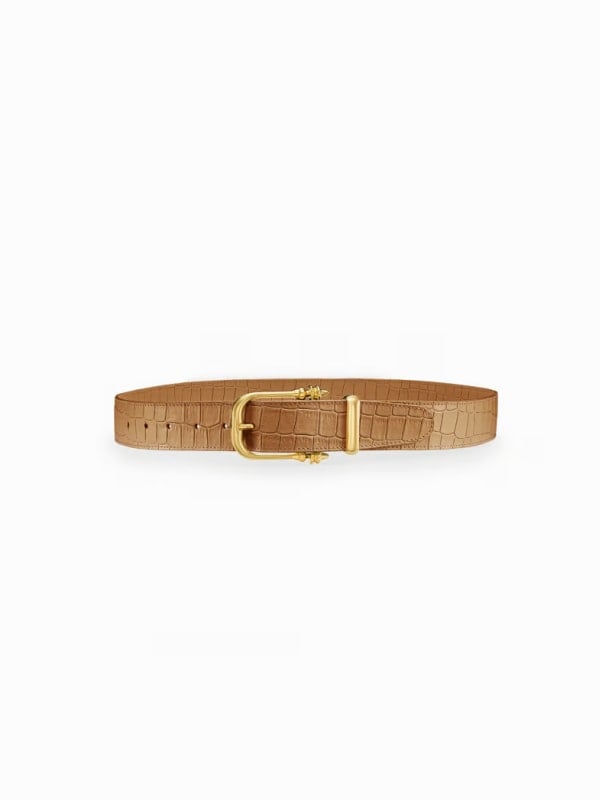 Tan croc-embossed leather belt with a gold horseshoe-shaped buckle, displayed flat on a white background.