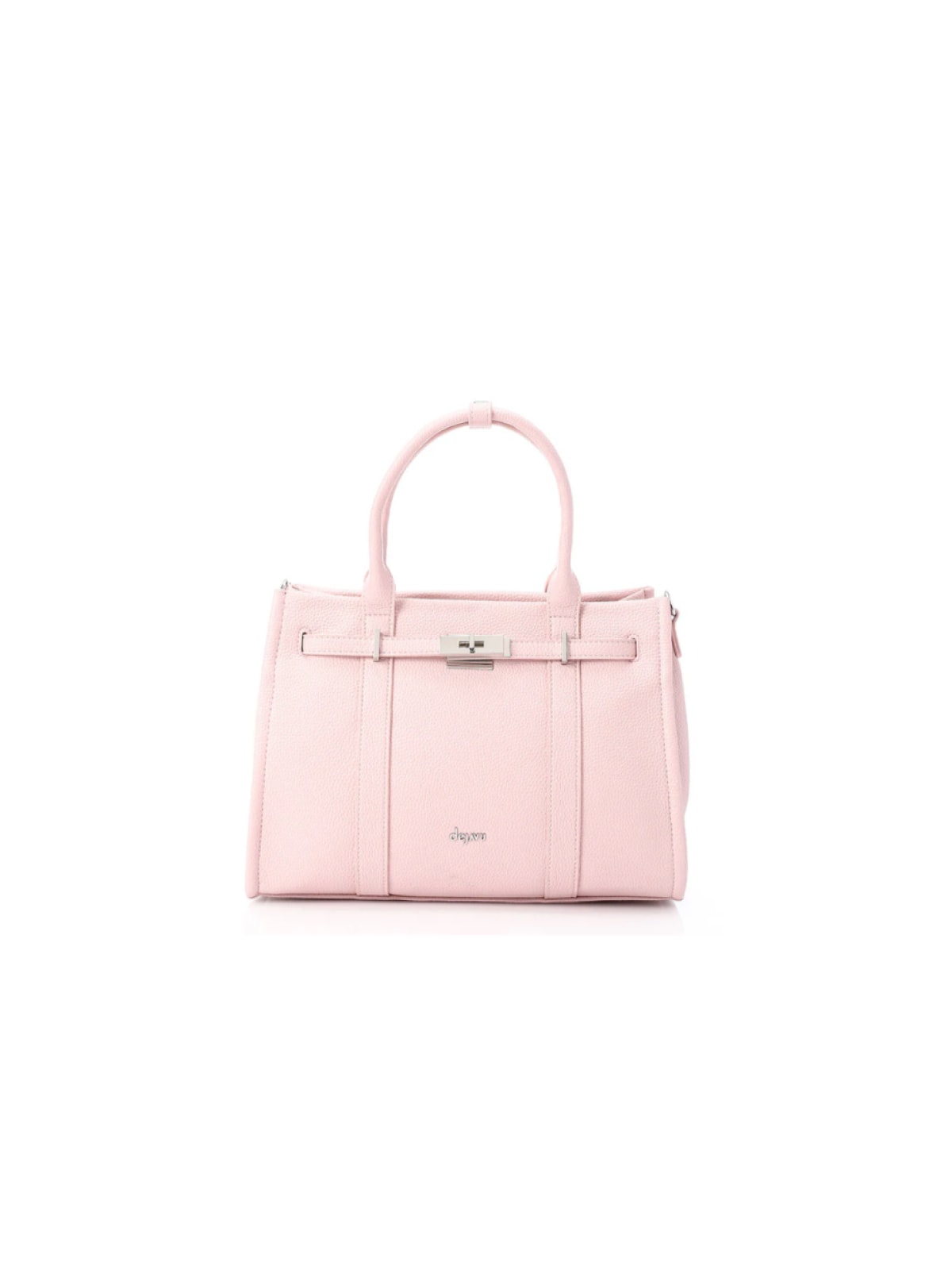 Pale pink pebbled-leather tote bag with rolled top handles and a silver turn-lock closure, displayed front-facing on a plain white background.