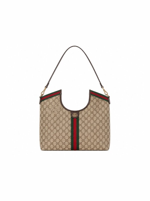 Gucci GG monogram canvas hobo bag with brown leather trim and the iconic green-red-green web stripe down the front, displayed front-facing on a white background.