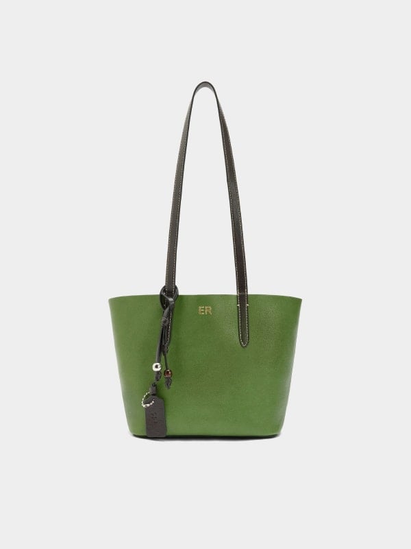 Green saffiano leather tote bag with long dark brown leather handles, gold ER logo, and a hanging luggage tag, shown front-facing on a light grey background.